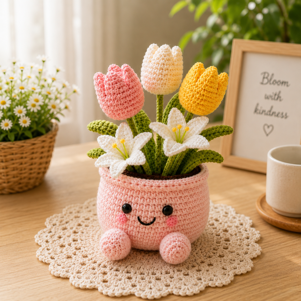 Handmade Crochet Tulip & Lily Flower Pot – Cute Amigurumi Floral Arrangement for Home & Desk Decor