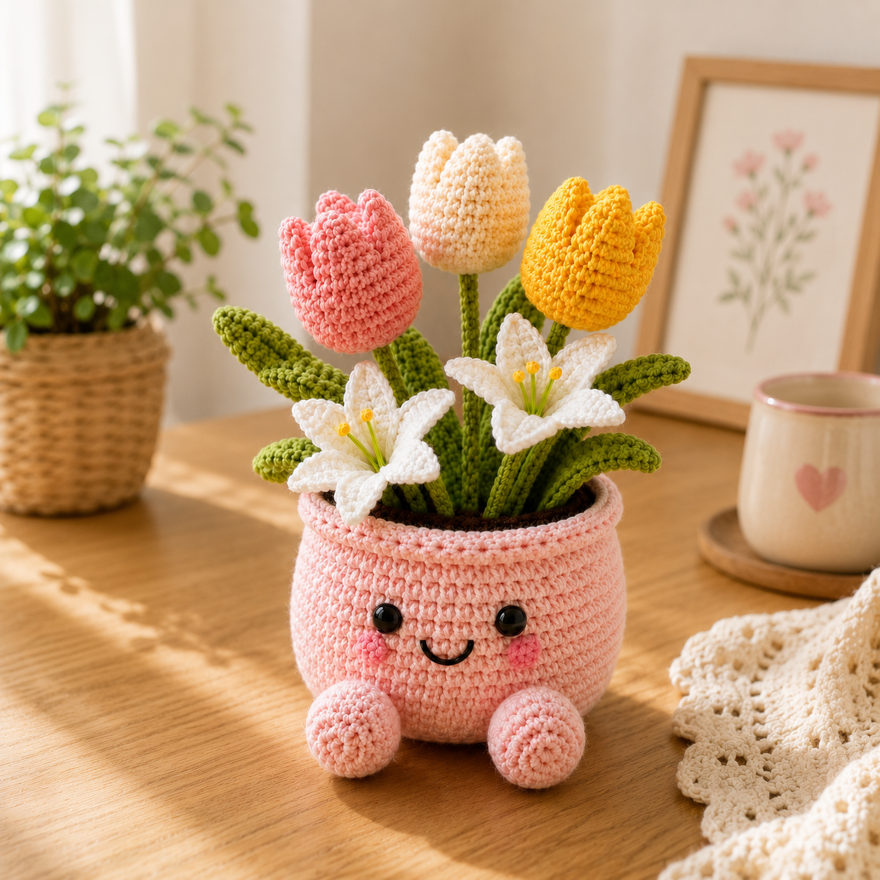 Handmade Crochet Tulip & Lily Flower Pot – Cute Amigurumi Floral Arrangement for Home & Desk Decor