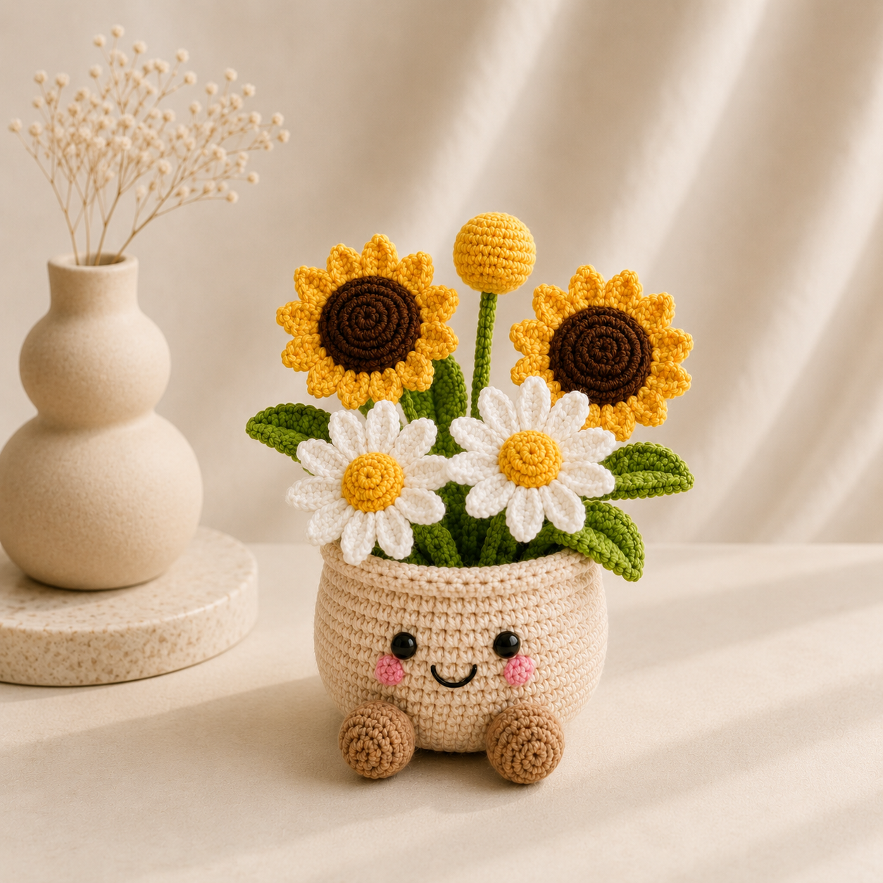 Handmade Crochet Sunflower & Daisy Flower Pot – Cute Amigurumi Floral Arrangement for Home & Desk Decor
