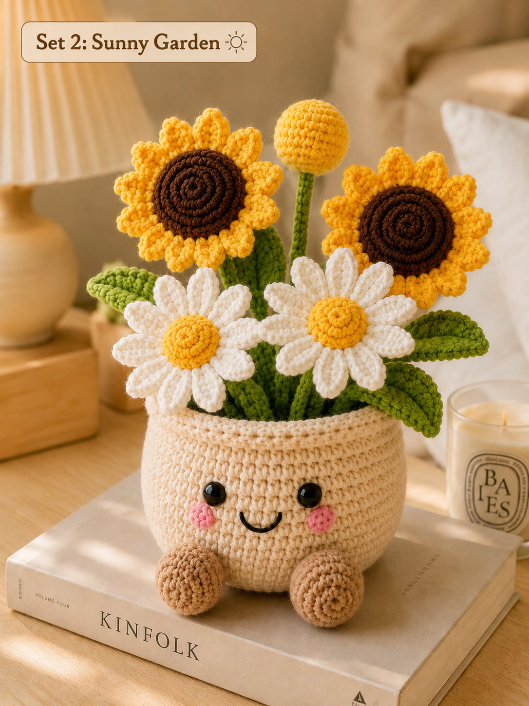 Handmade Crochet Sunflower & Daisy Flower Pot – Cute Amigurumi Floral Arrangement for Home & Desk Decor