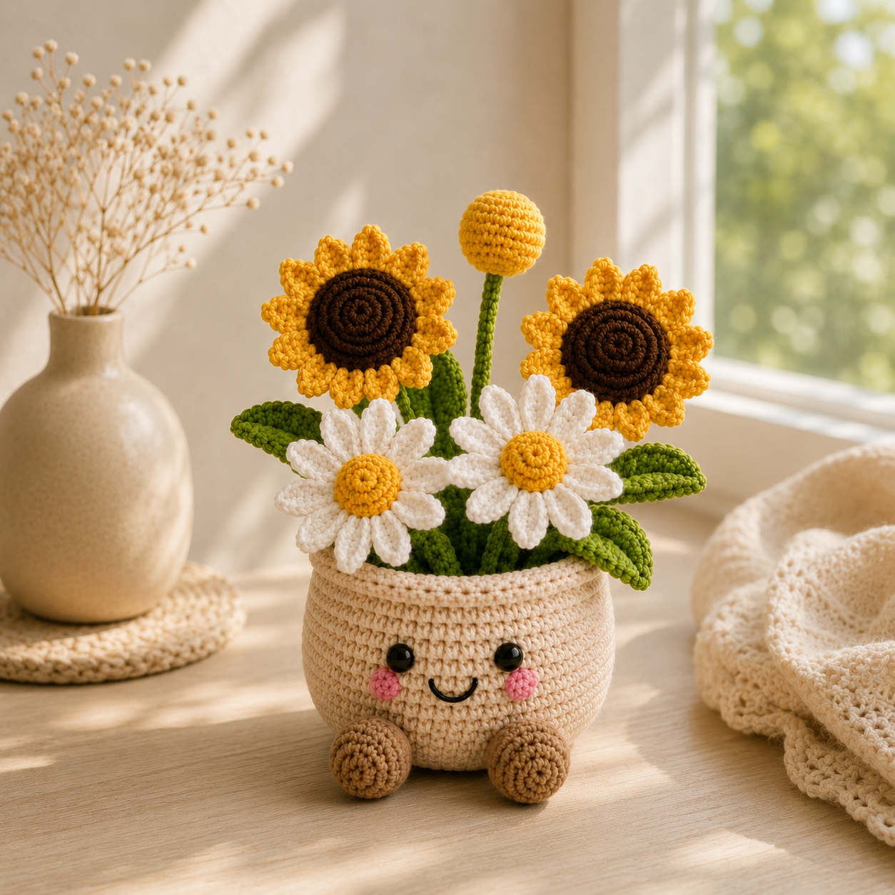 Handmade Crochet Sunflower & Daisy Flower Pot – Cute Amigurumi Floral Arrangement for Home & Desk Decor
