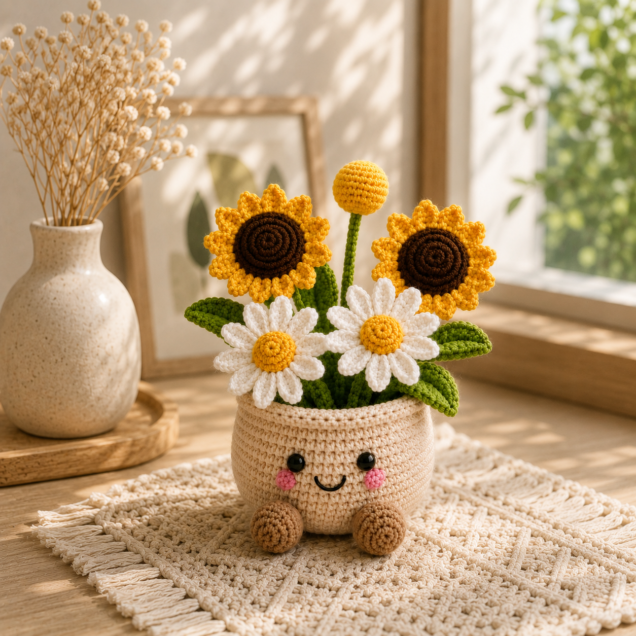 Handmade Crochet Sunflower & Daisy Flower Pot – Cute Amigurumi Floral Arrangement for Home & Desk Decor