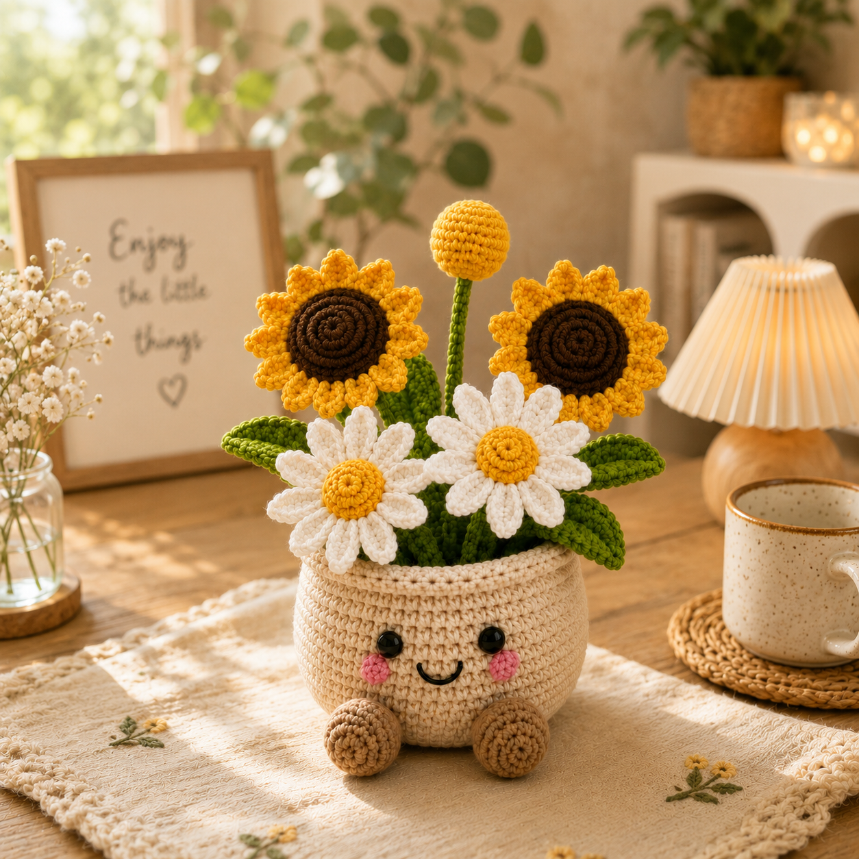 Handmade Crochet Sunflower & Daisy Flower Pot – Cute Amigurumi Floral Arrangement for Home & Desk Decor