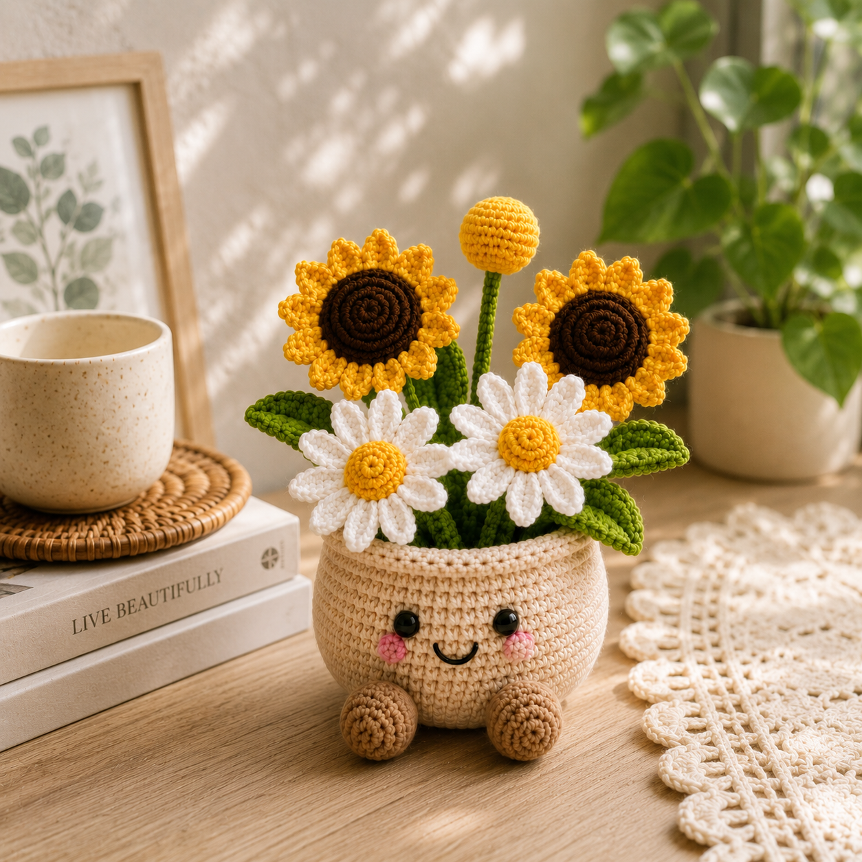 Handmade Crochet Sunflower & Daisy Flower Pot – Cute Amigurumi Floral Arrangement for Home & Desk Decor