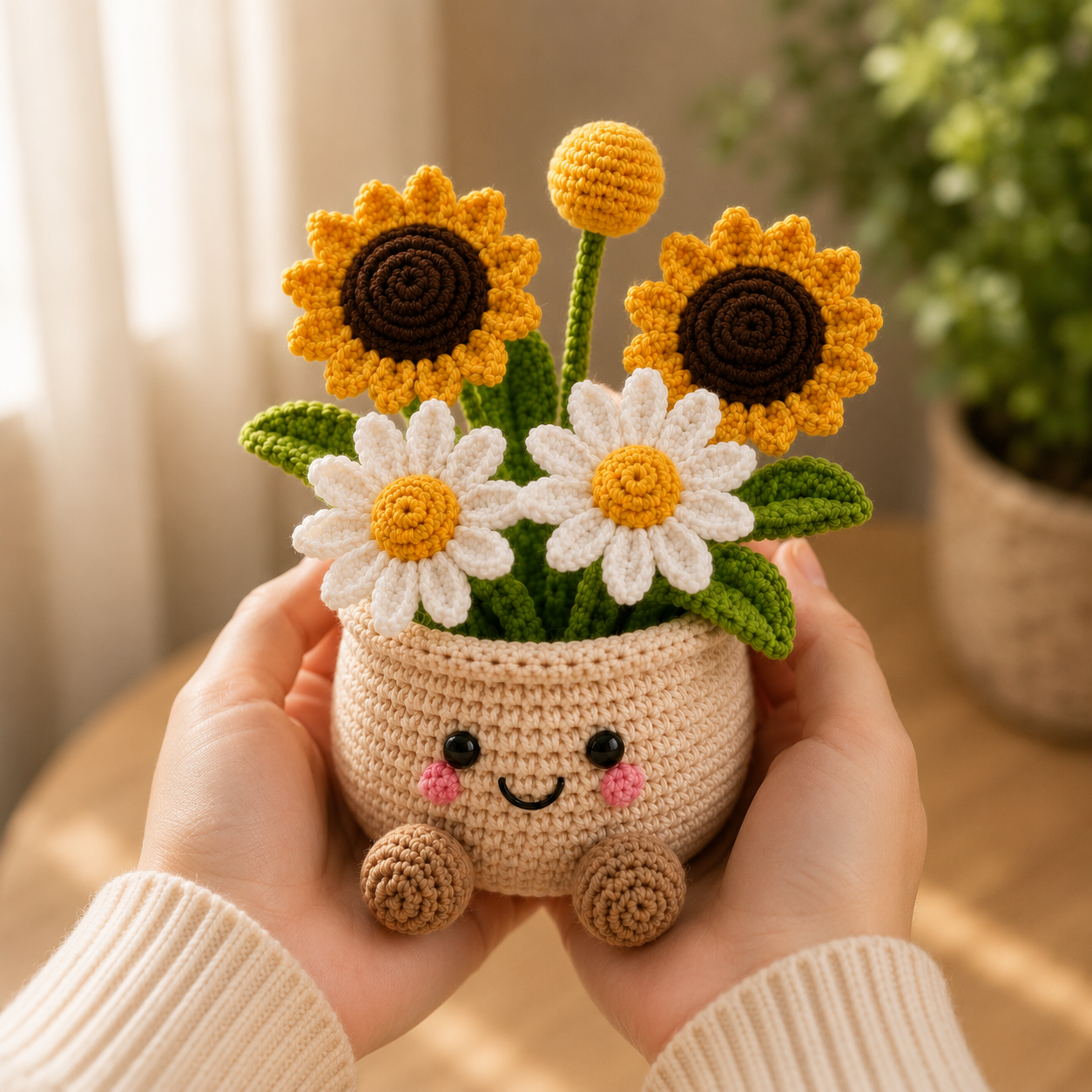 Handmade Crochet Sunflower & Daisy Flower Pot – Cute Amigurumi Floral Arrangement for Home & Desk Decor