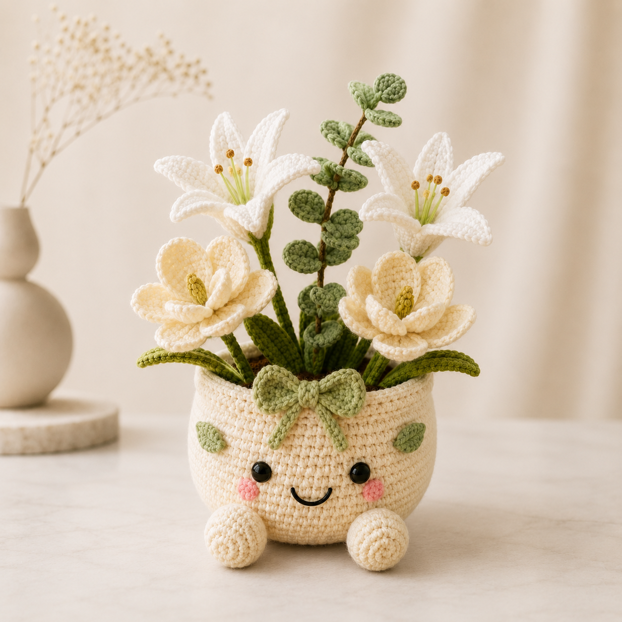Handmade Crochet Lily & Magnolia Flower Pot – Elegant Amigurumi Floral Arrangement for Home & Desk Decor