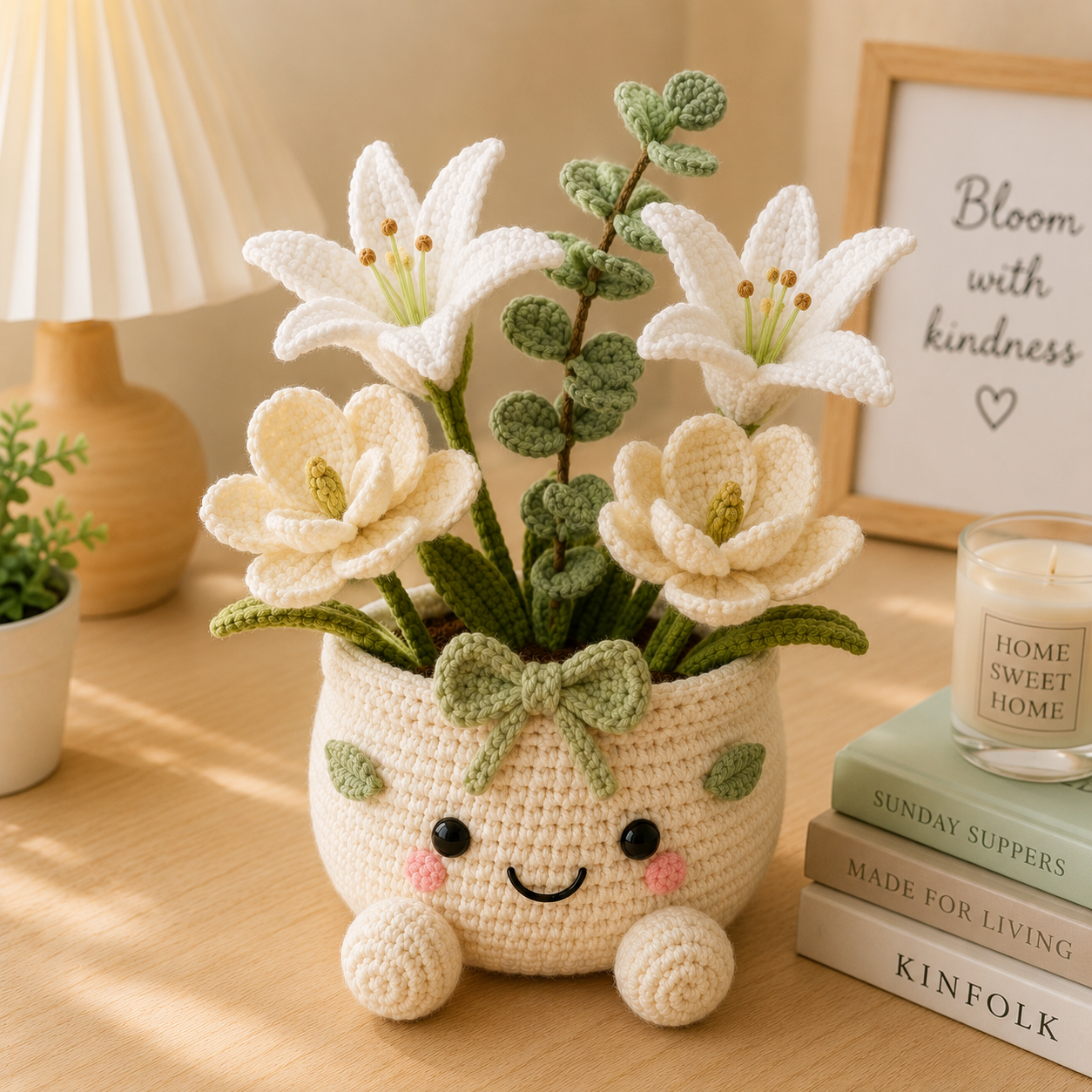 Handmade Crochet Lily & Magnolia Flower Pot – Elegant Amigurumi Floral Arrangement for Home & Desk Decor