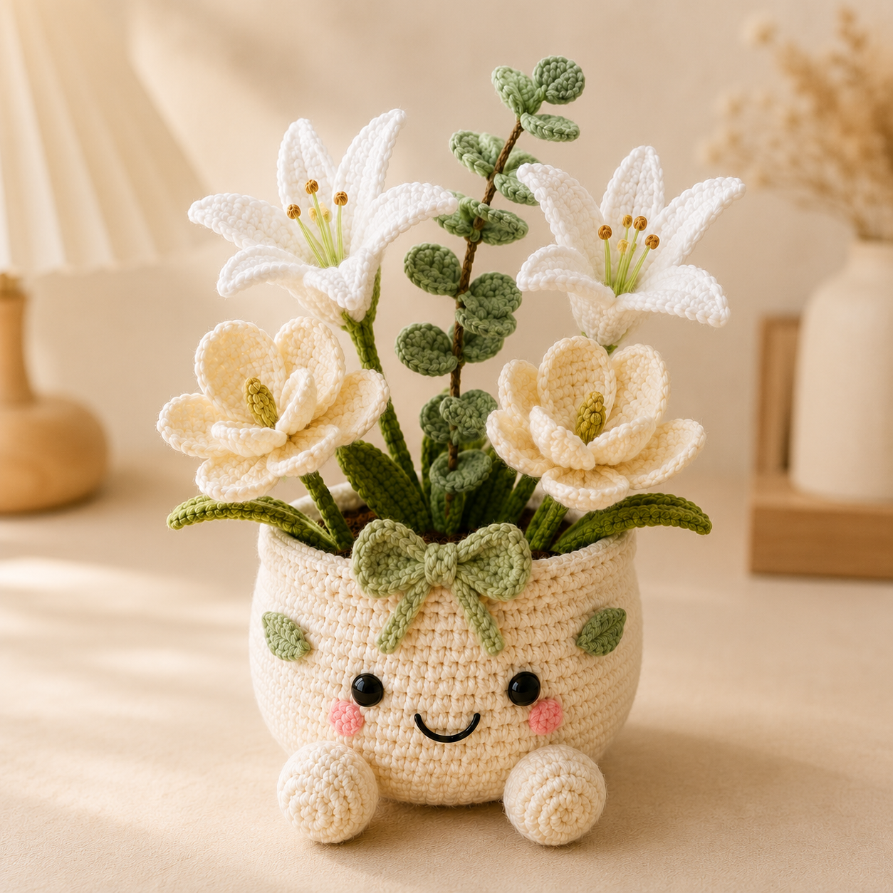 Handmade Crochet Lily & Magnolia Flower Pot – Elegant Amigurumi Floral Arrangement for Home & Desk Decor