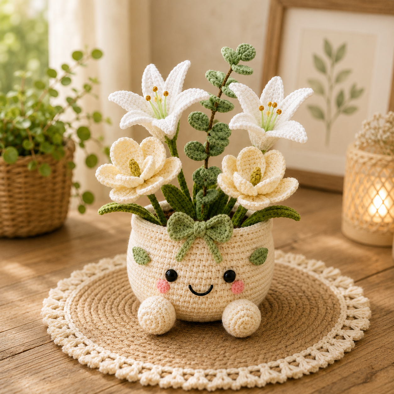 Handmade Crochet Lily & Magnolia Flower Pot – Elegant Amigurumi Floral Arrangement for Home & Desk Decor