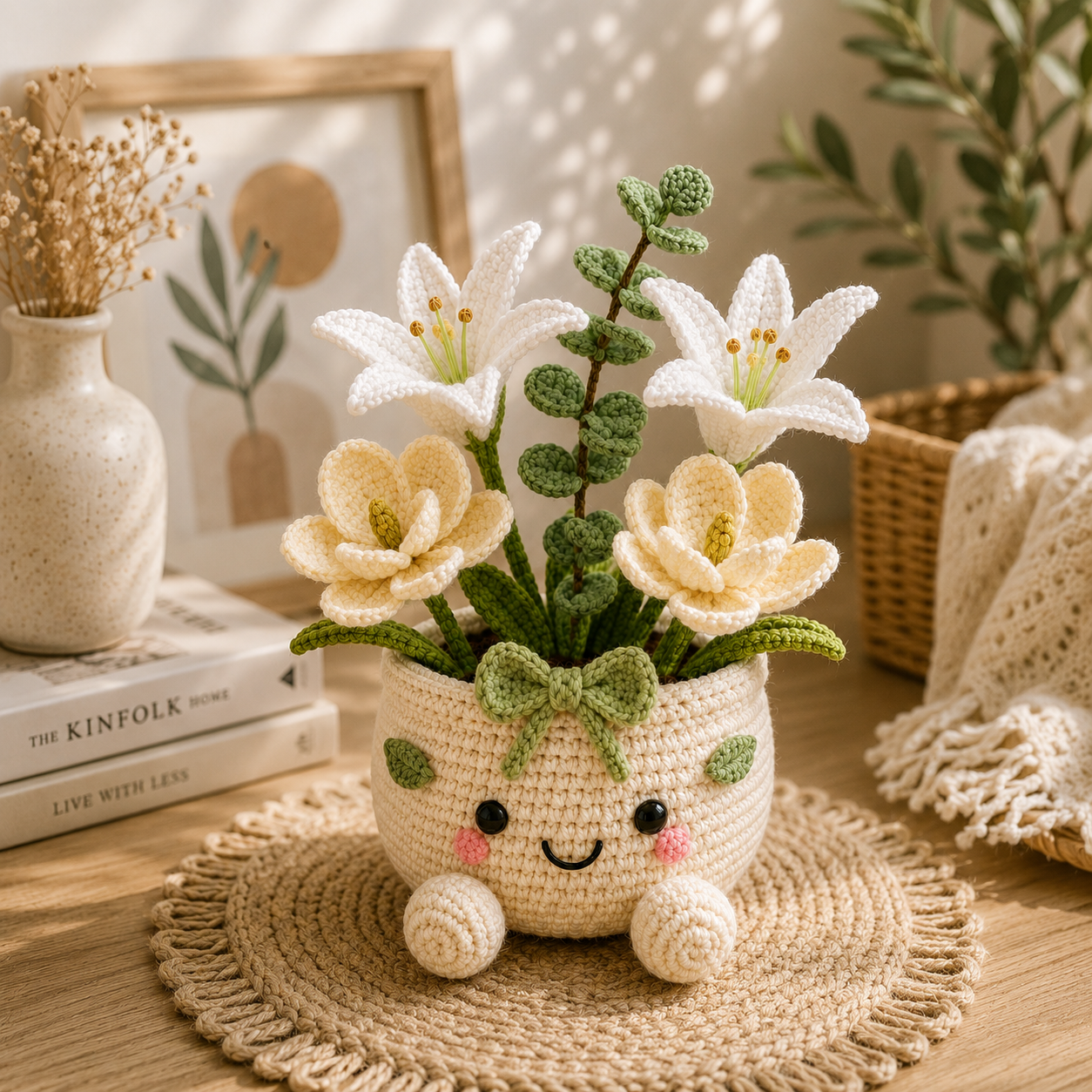 Handmade Crochet Lily & Magnolia Flower Pot – Elegant Amigurumi Floral Arrangement for Home & Desk Decor