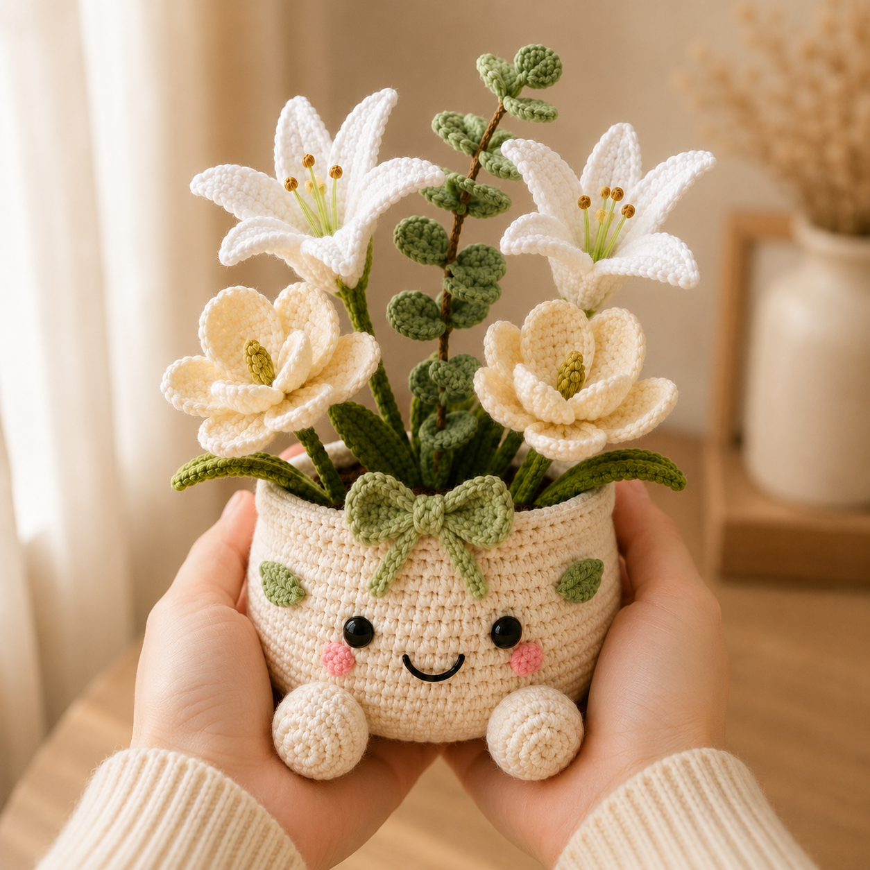 Handmade Crochet Lily & Magnolia Flower Pot – Elegant Amigurumi Floral Arrangement for Home & Desk Decor