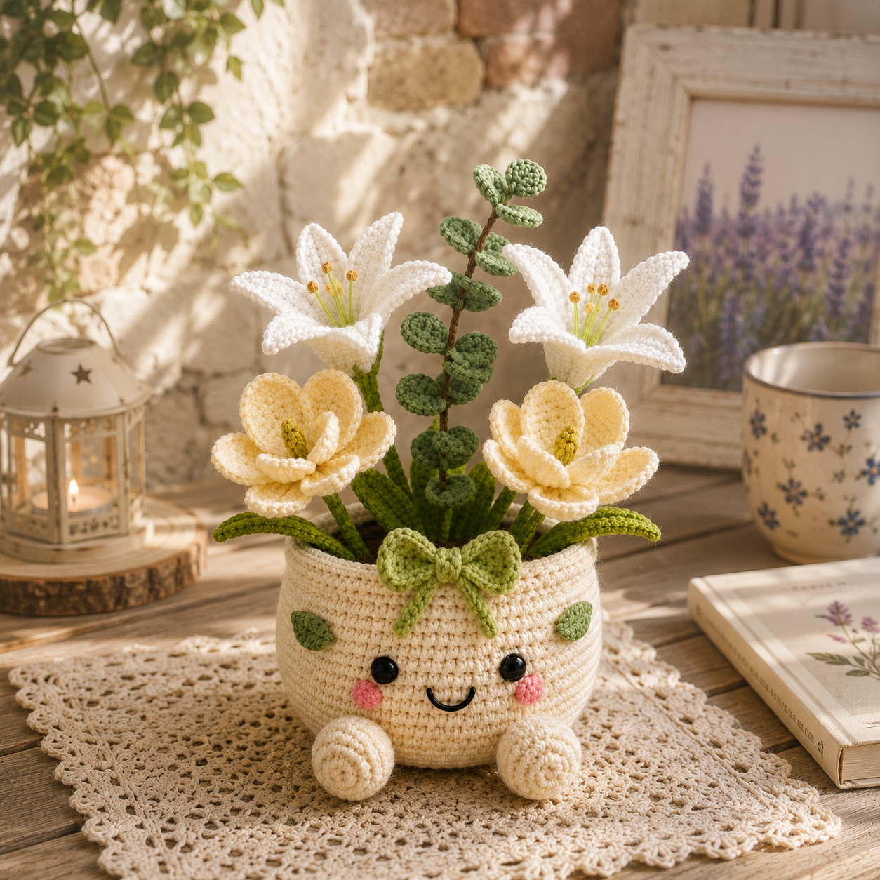 Handmade Crochet Lily & Magnolia Flower Pot – Elegant Amigurumi Floral Arrangement for Home & Desk Decor