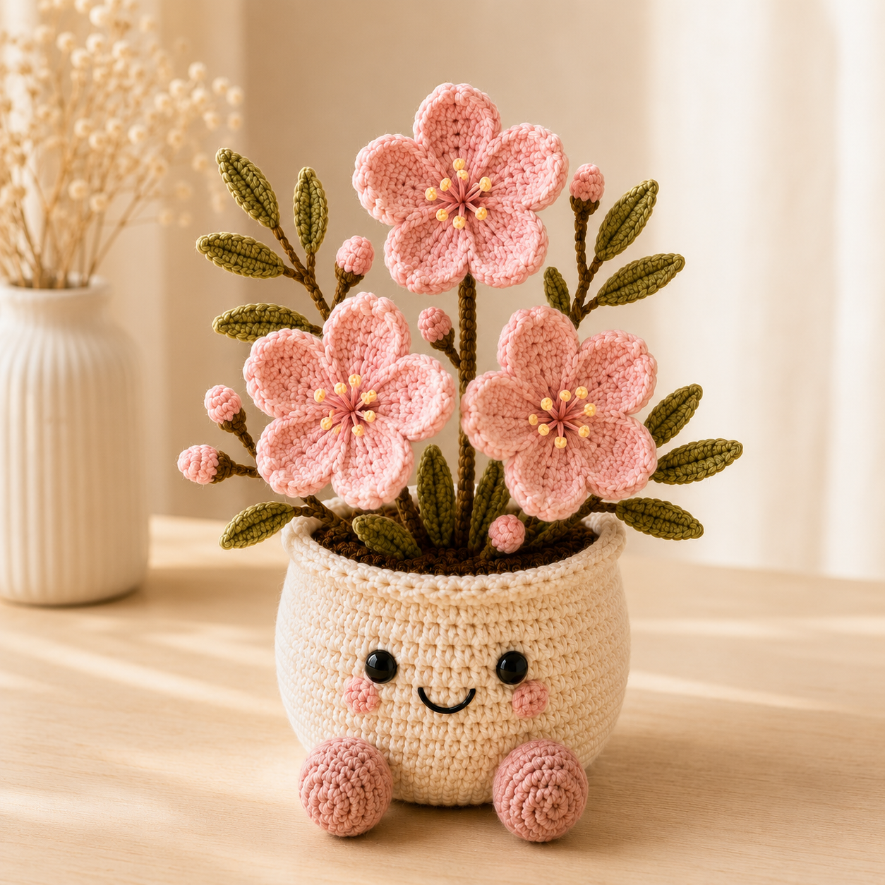 Handmade Crochet Cherry Blossom Flower Pot – Pink Sakura Amigurumi Desk Decor & Gift