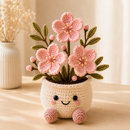 Handmade Crochet Cherry Blossom Flower Pot – Pink Sakura Amigurumi Desk Decor & Gift