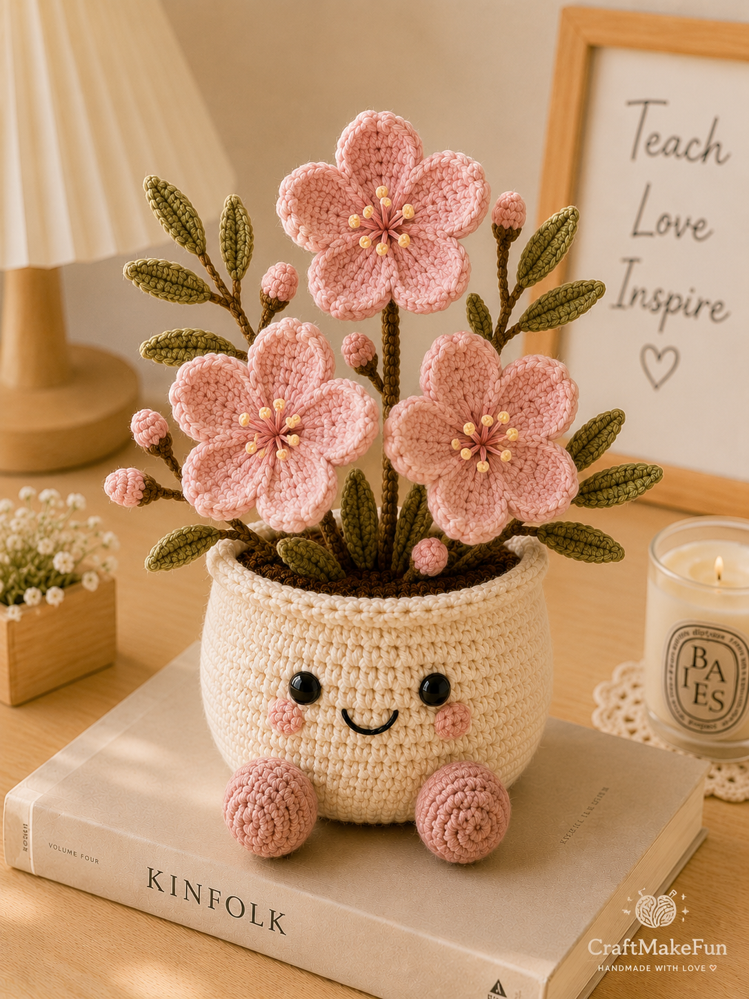 Handmade Crochet Cherry Blossom Flower Pot – Pink Sakura Amigurumi Desk Decor & Gift