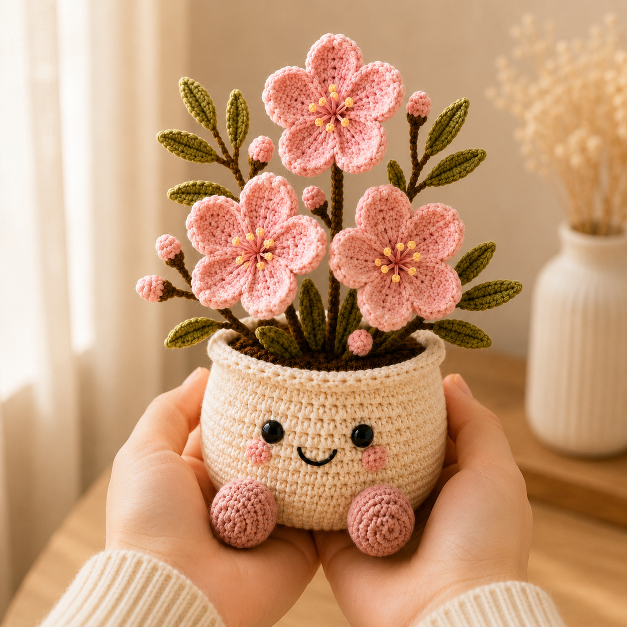 Handmade Crochet Cherry Blossom Flower Pot – Pink Sakura Amigurumi Desk Decor & Gift