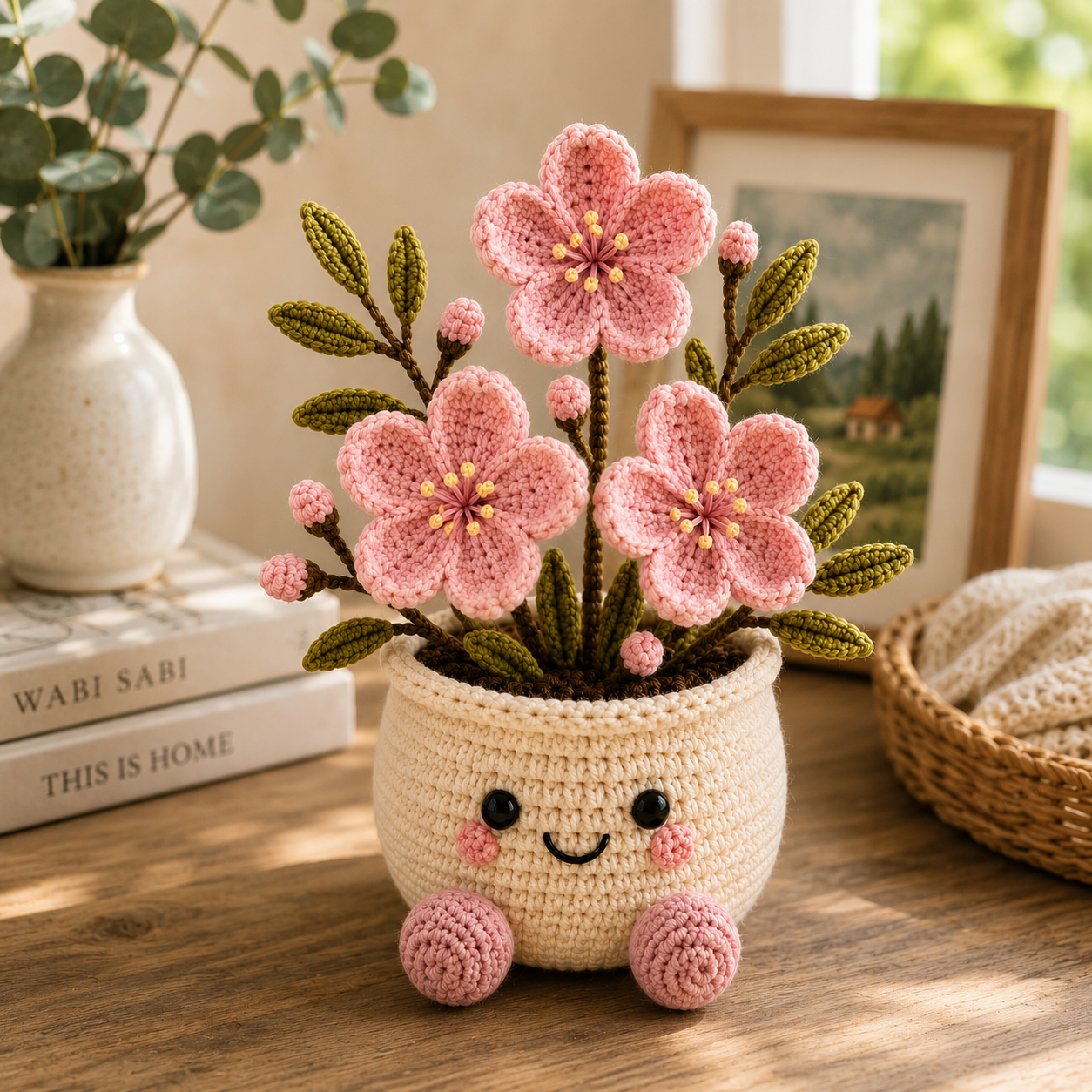Handmade Crochet Cherry Blossom Flower Pot – Pink Sakura Amigurumi Desk Decor & Gift