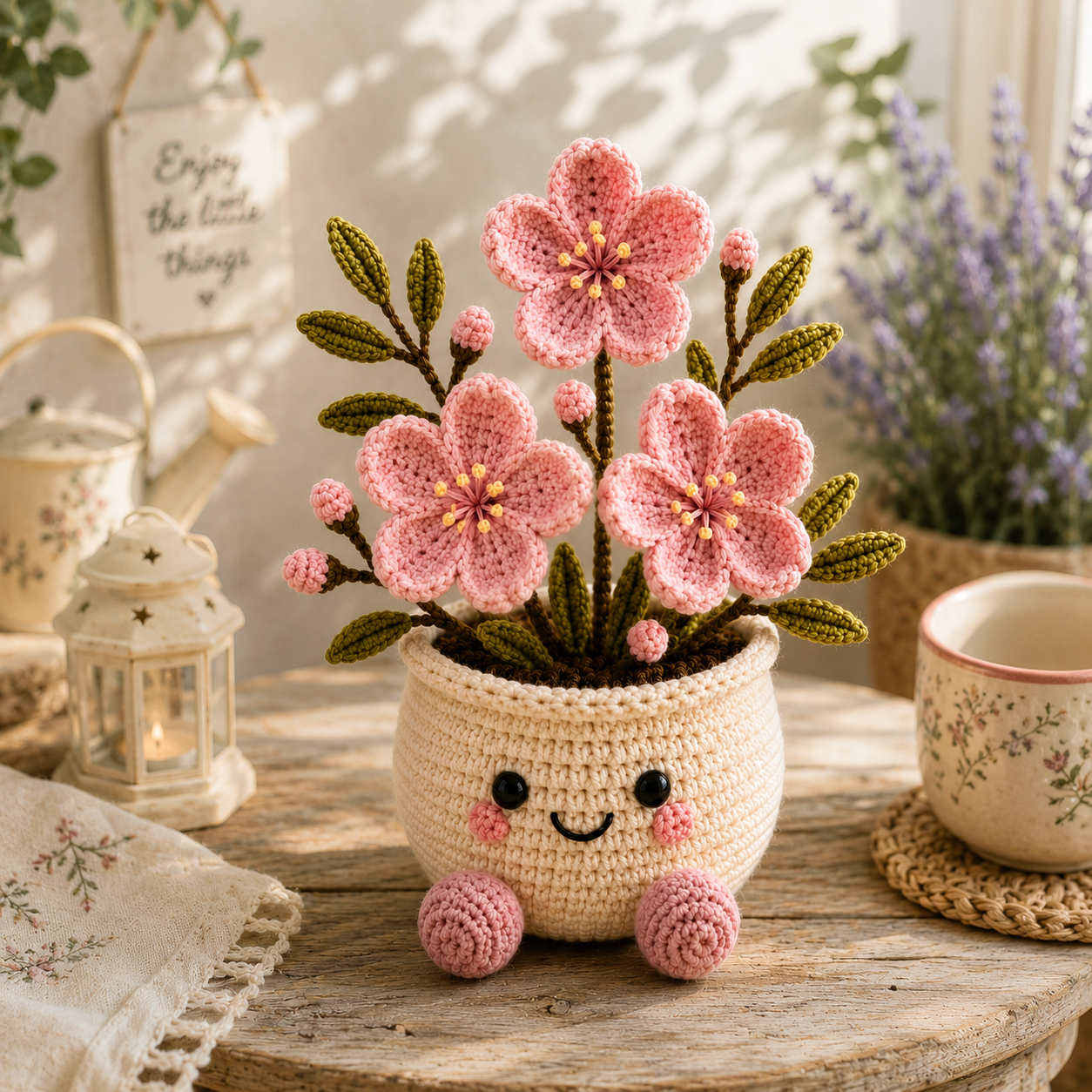 Handmade Crochet Cherry Blossom Flower Pot – Pink Sakura Amigurumi Desk Decor & Gift