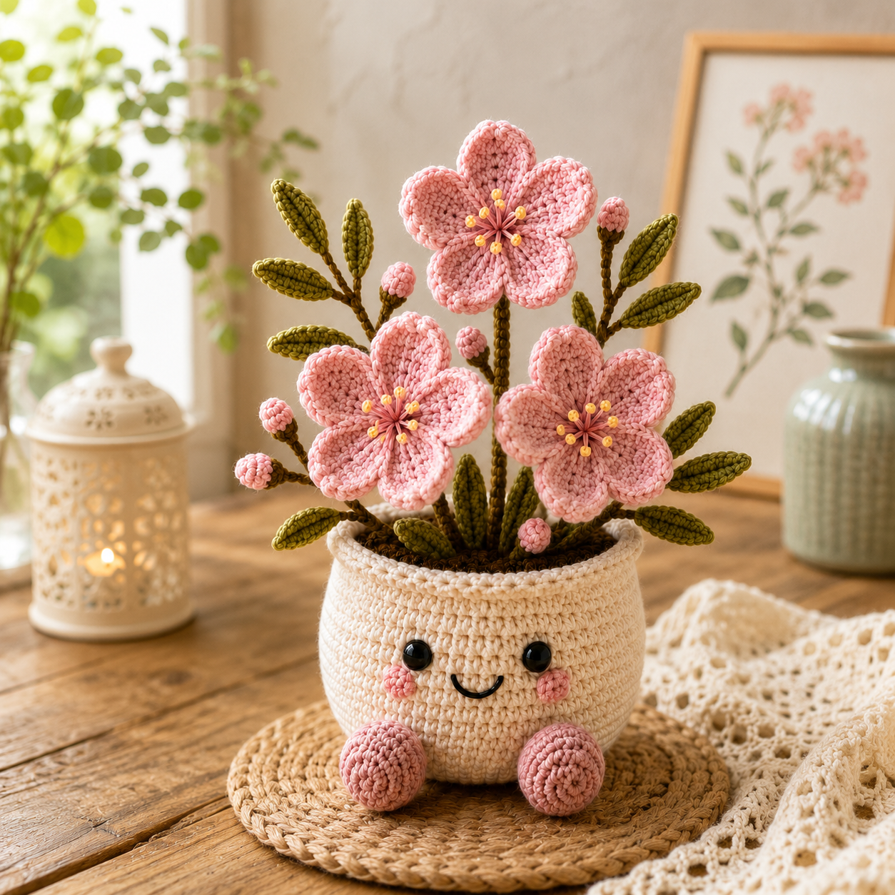 Handmade Crochet Cherry Blossom Flower Pot – Pink Sakura Amigurumi Desk Decor & Gift