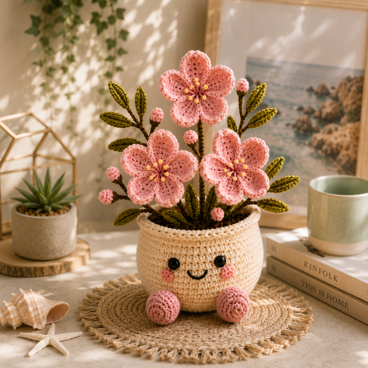 Handmade Crochet Cherry Blossom Flower Pot – Pink Sakura Amigurumi Desk Decor & Gift
