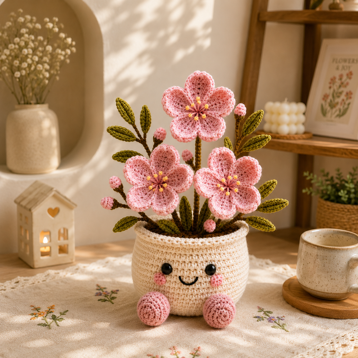 Handmade Crochet Cherry Blossom Flower Pot – Pink Sakura Amigurumi Desk Decor & Gift