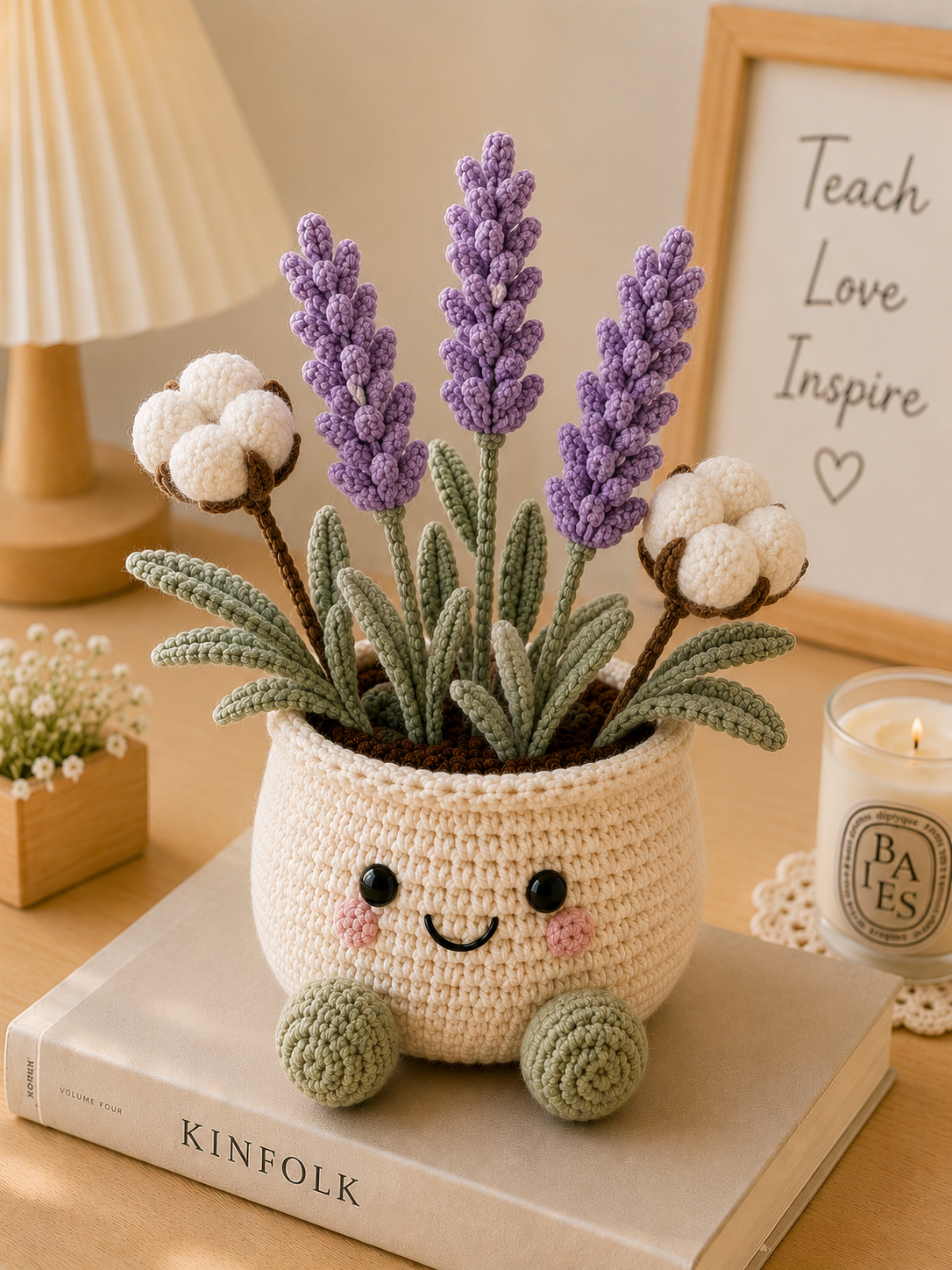 Handmade Crochet Lavender & Cotton Flower Pot – Amigurumi Floral Desk Decor & Gift