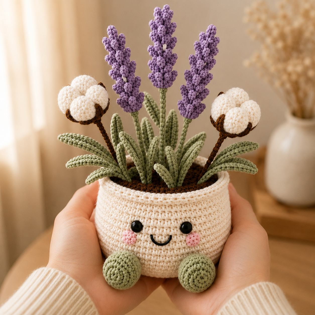 Handmade Crochet Lavender & Cotton Flower Pot – Amigurumi Floral Desk Decor & Gift