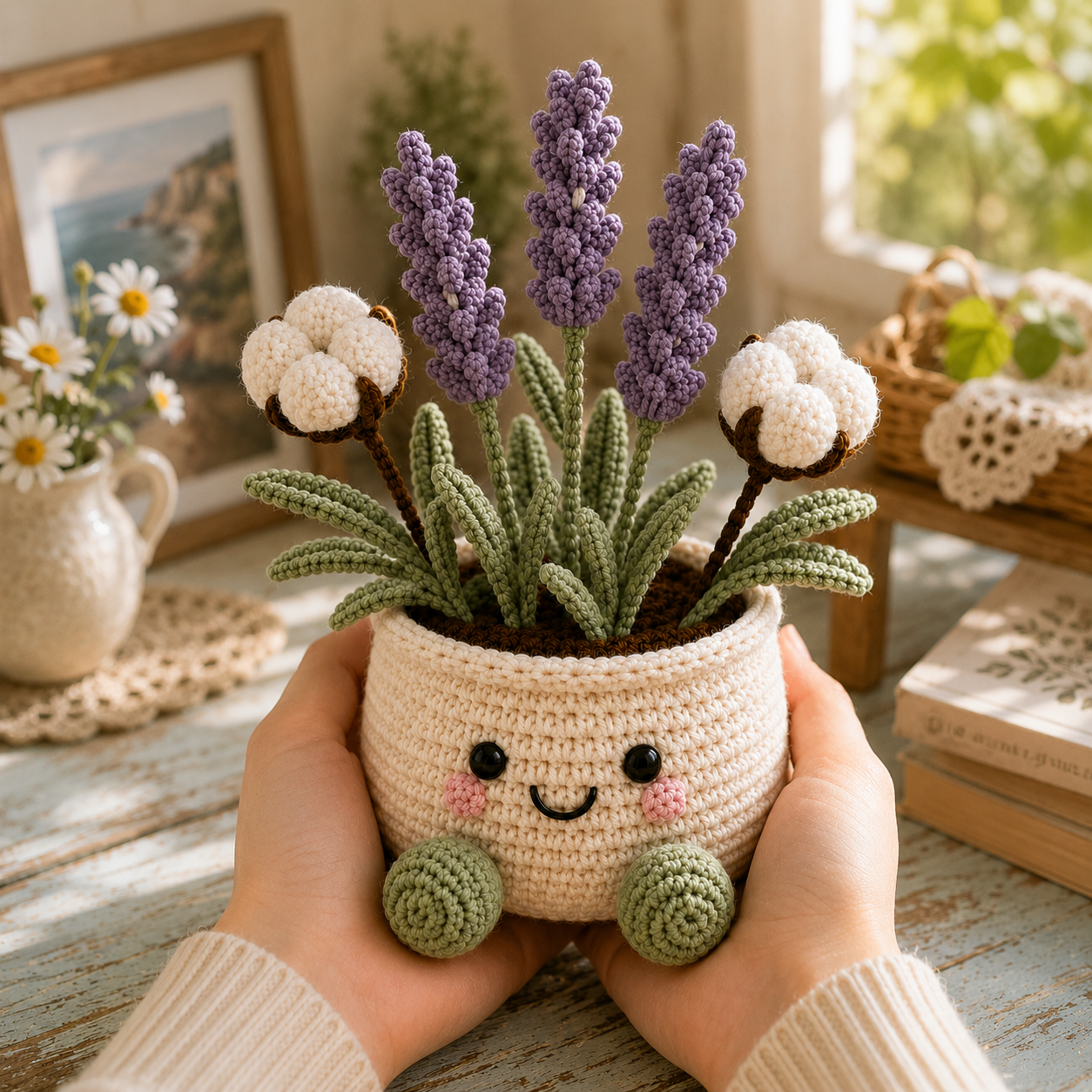 Handmade Crochet Lavender & Cotton Flower Pot – Amigurumi Floral Desk Decor & Gift