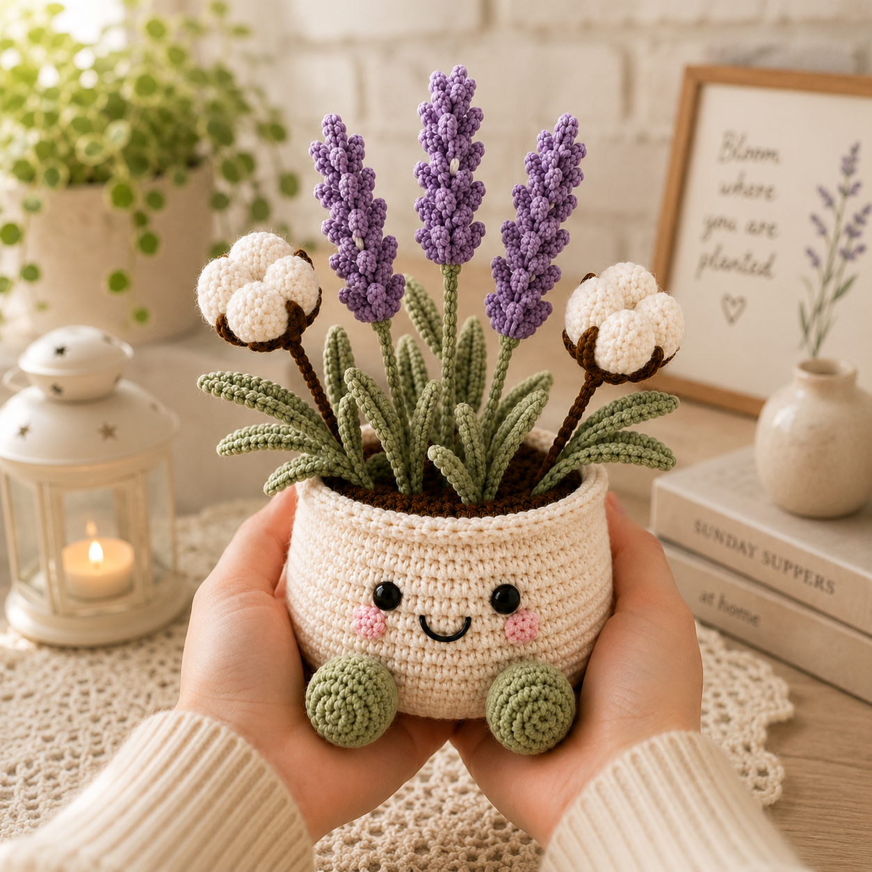 Handmade Crochet Lavender & Cotton Flower Pot – Amigurumi Floral Desk Decor & Gift