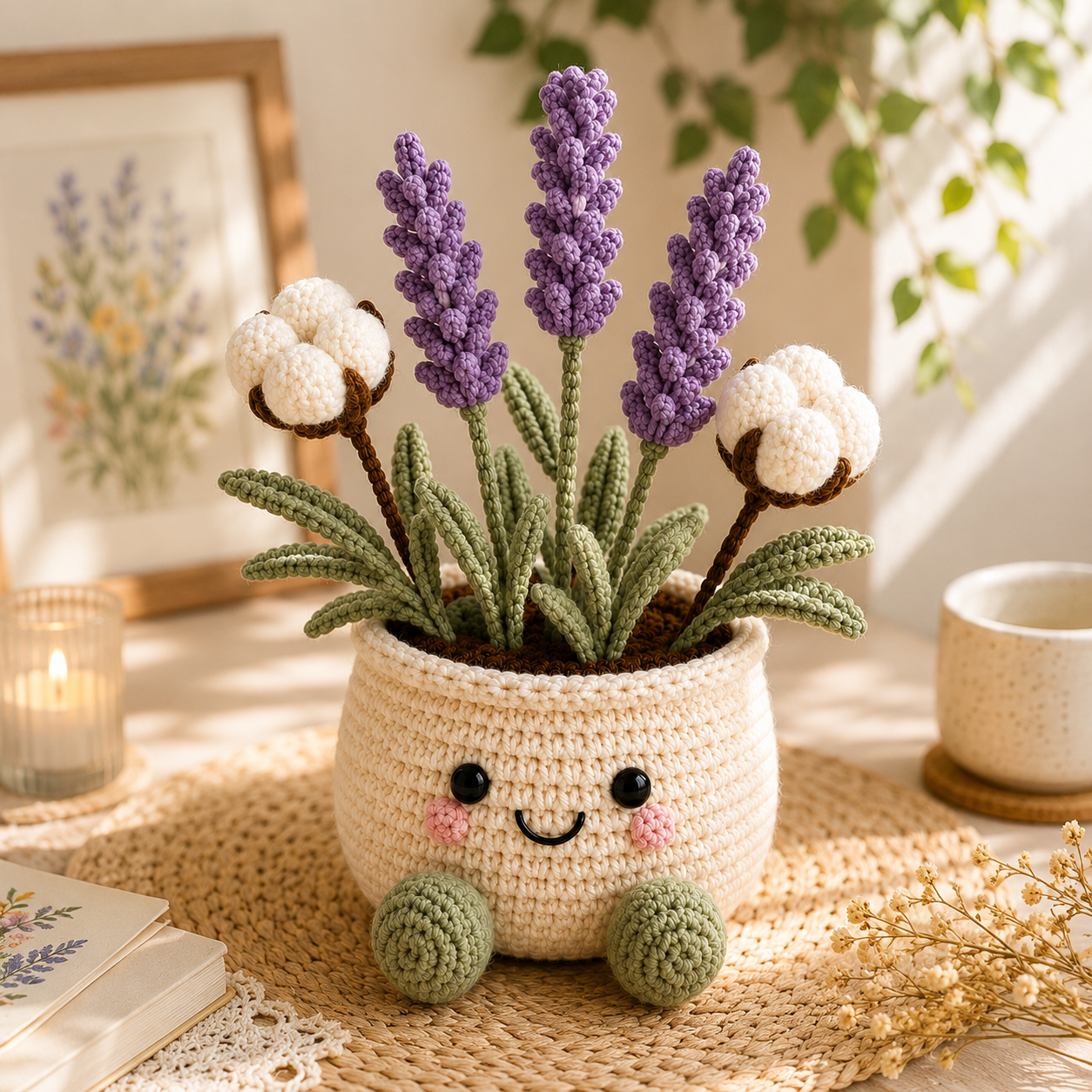 Handmade Crochet Lavender & Cotton Flower Pot – Amigurumi Floral Desk Decor & Gift