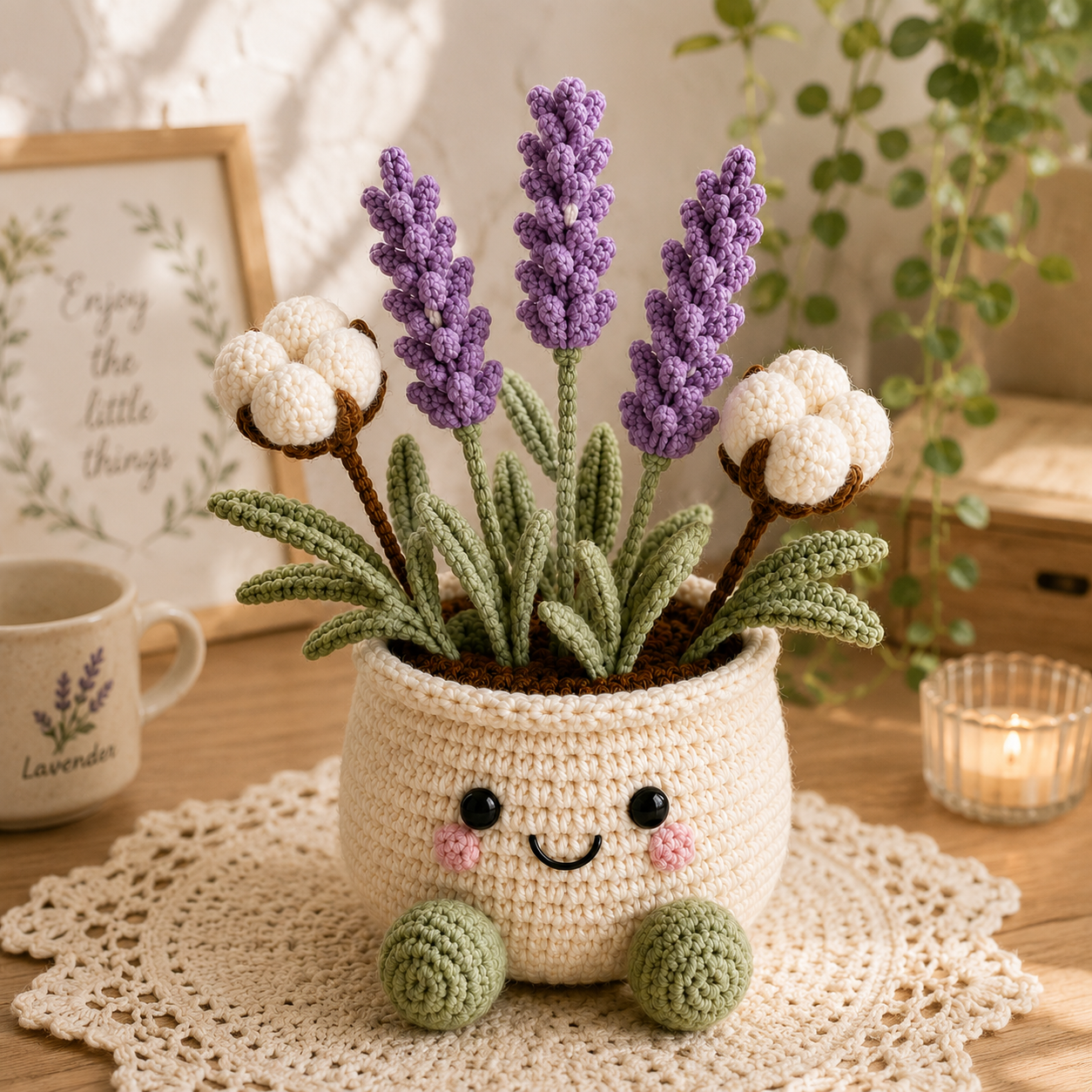 Handmade Crochet Lavender & Cotton Flower Pot – Amigurumi Floral Desk Decor & Gift
