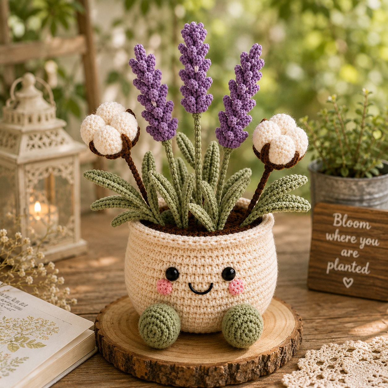 Handmade Crochet Lavender & Cotton Flower Pot – Amigurumi Floral Desk Decor & Gift