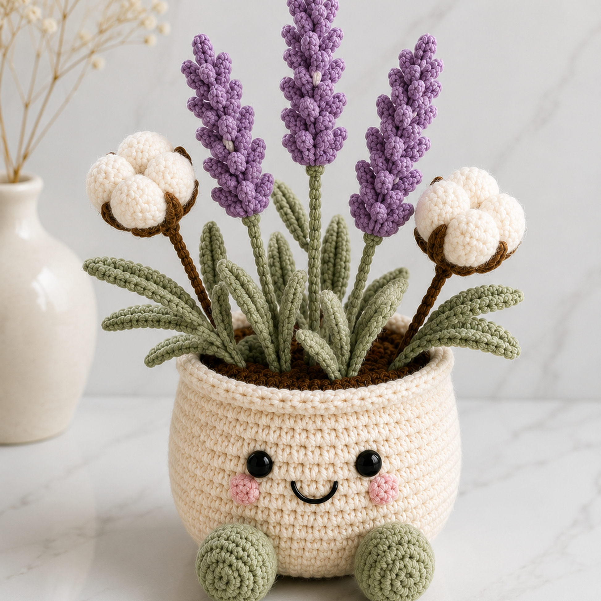 Handmade Crochet Lavender & Cotton Flower Pot – Amigurumi Floral Desk Decor & Gift