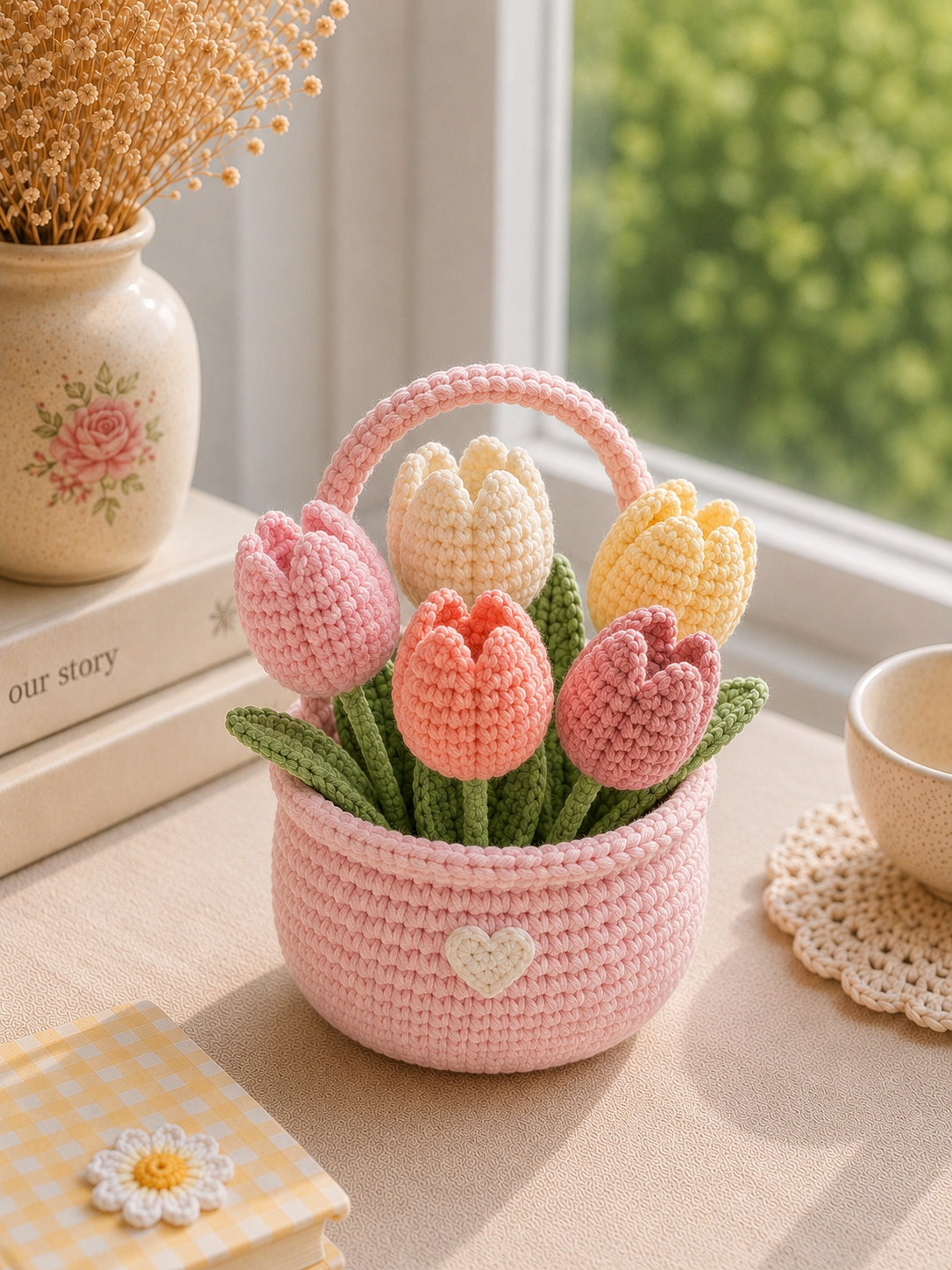 Handmade Crochet Tulip Flower Basket – Amigurumi Spring Floral Decor & Gift