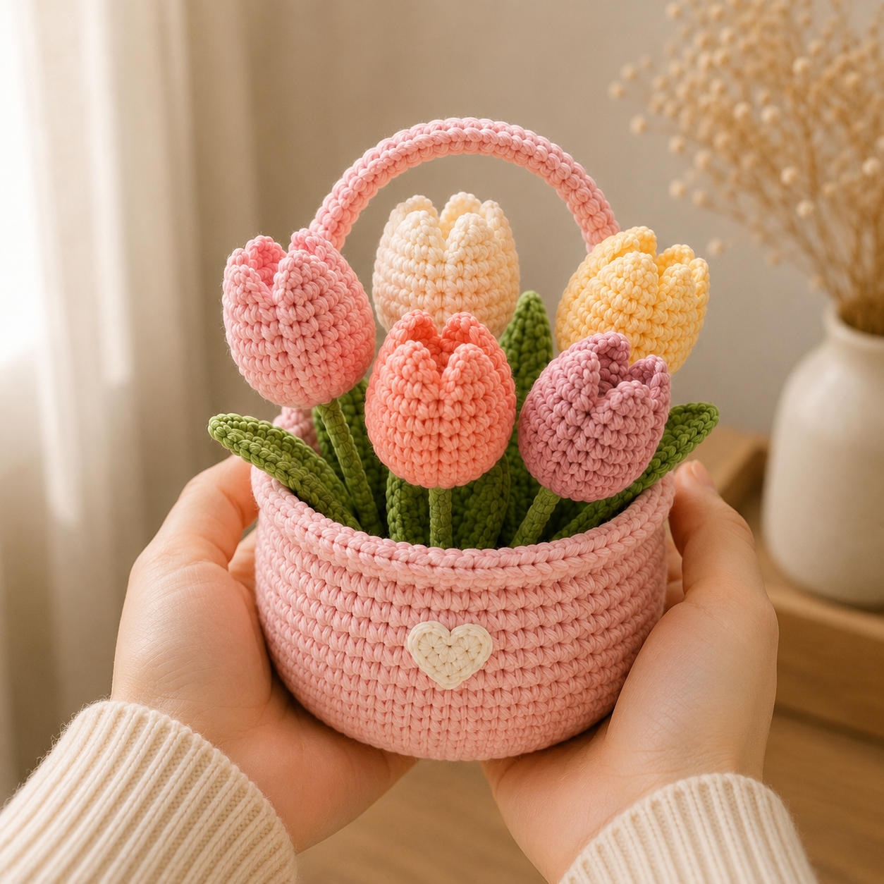 Handmade Crochet Tulip Flower Basket – Amigurumi Spring Floral Decor & Gift