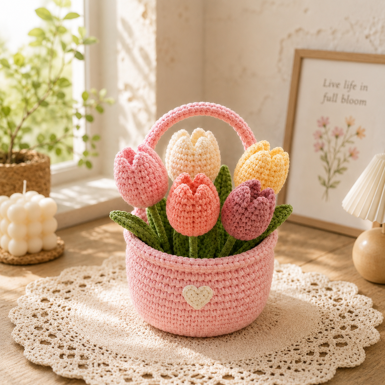 Handmade Crochet Tulip Flower Basket – Amigurumi Spring Floral Decor & Gift