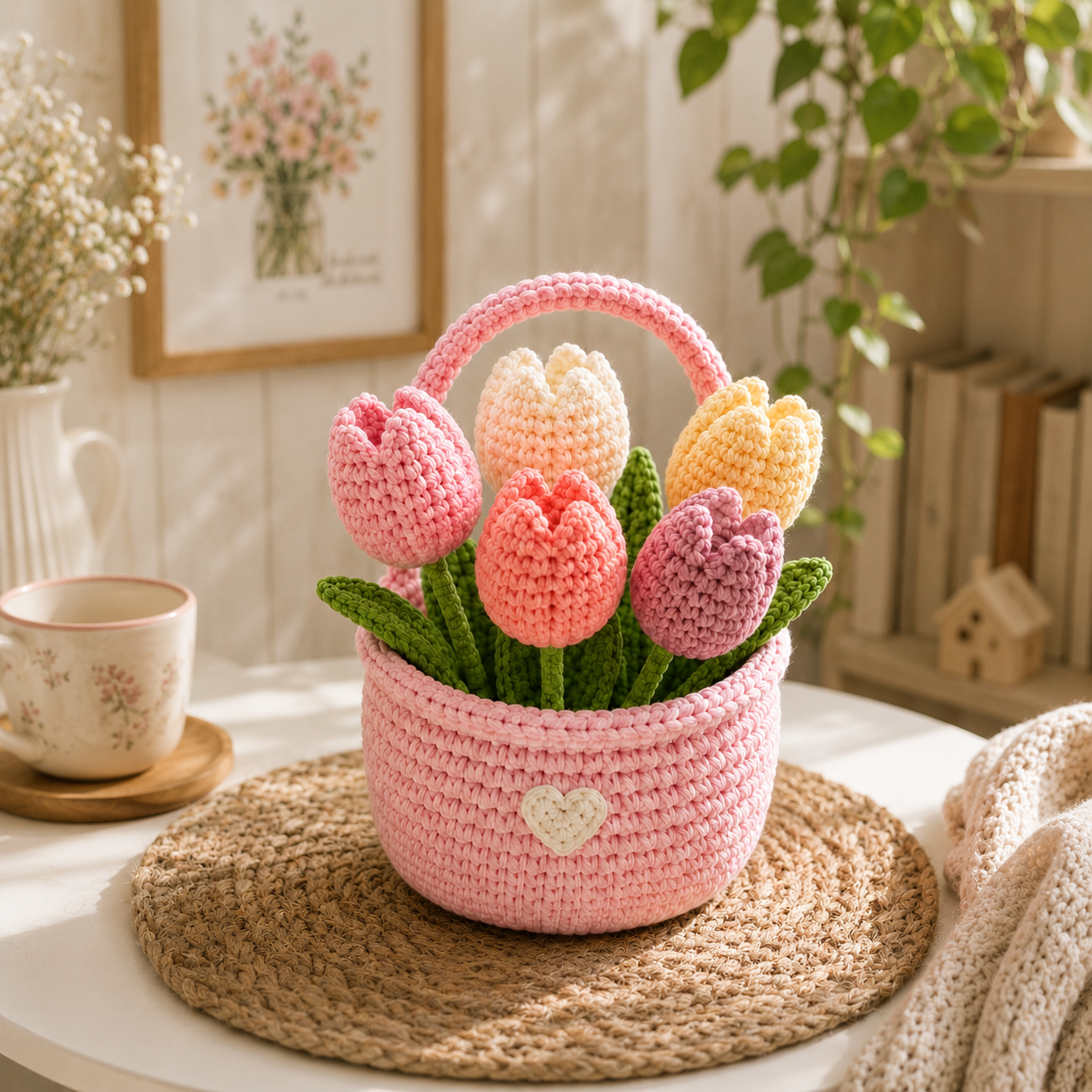 Handmade Crochet Tulip Flower Basket – Amigurumi Spring Floral Decor & Gift