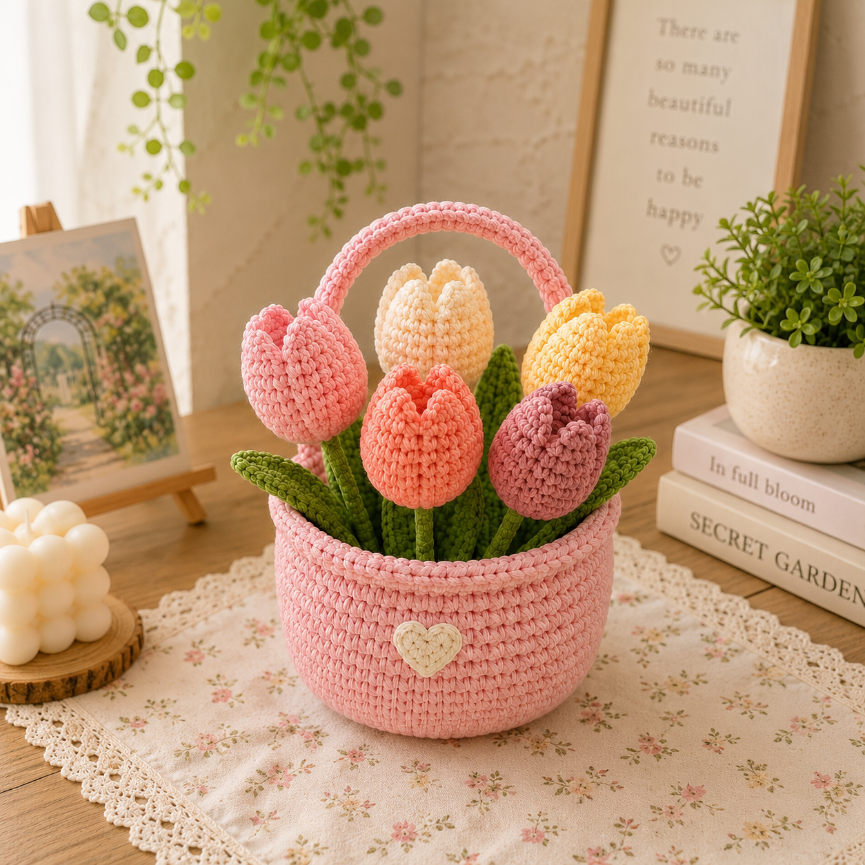Handmade Crochet Tulip Flower Basket – Amigurumi Spring Floral Decor & Gift