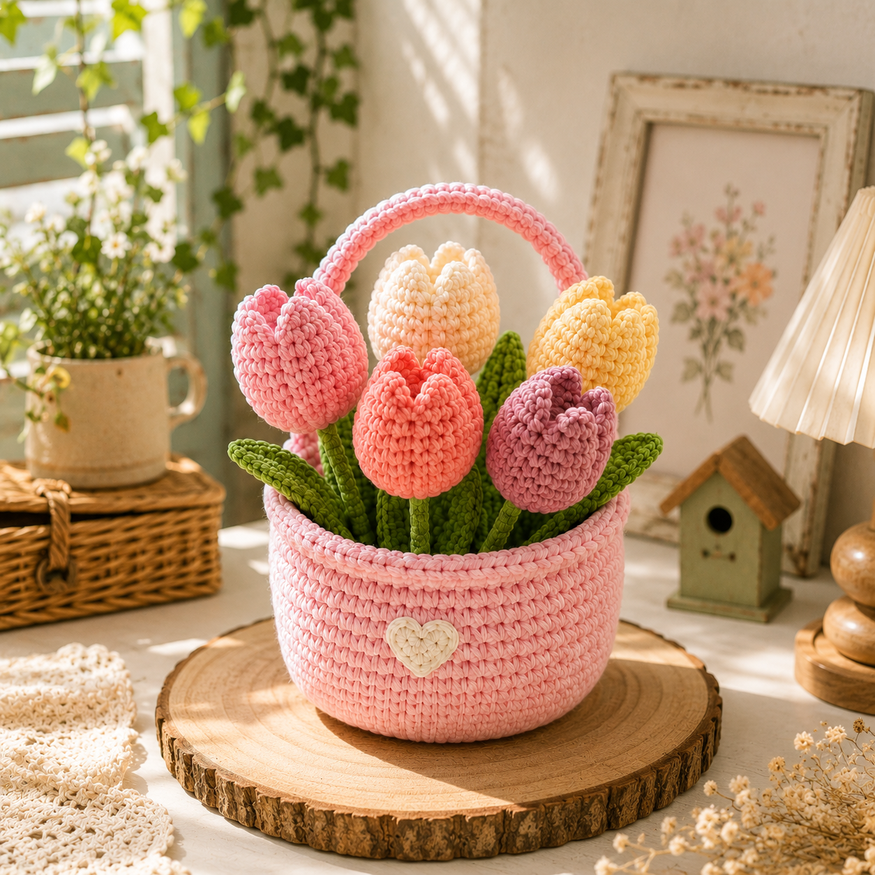 Handmade Crochet Tulip Flower Basket – Amigurumi Spring Floral Decor & Gift