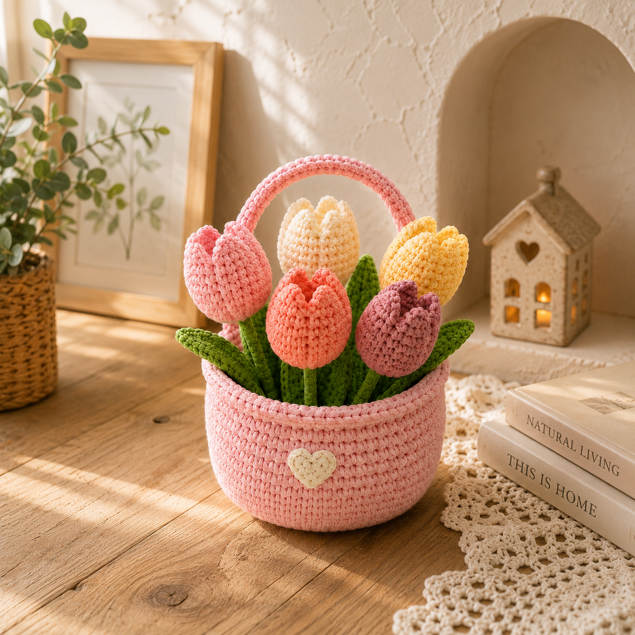 Handmade Crochet Tulip Flower Basket – Amigurumi Spring Floral Decor & Gift