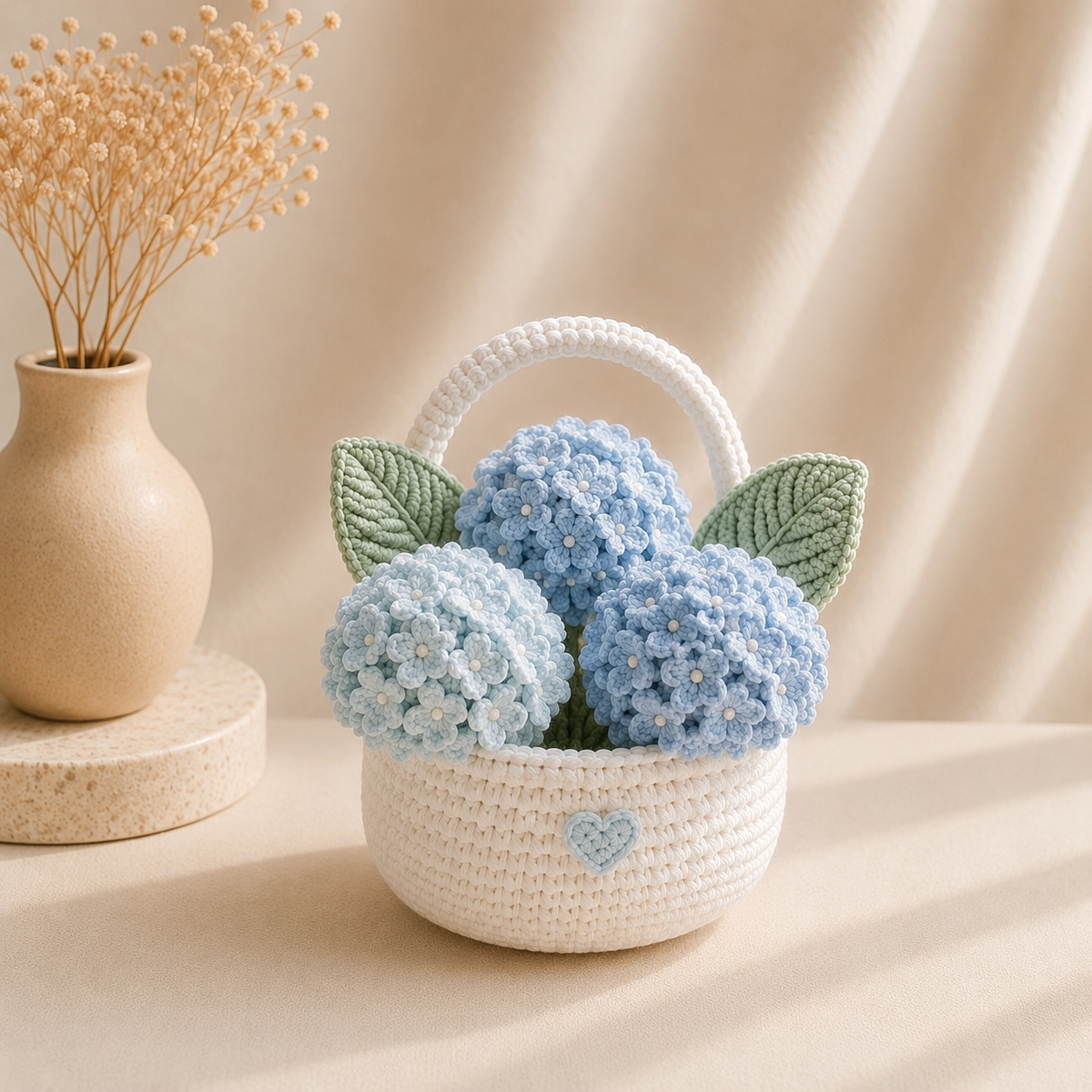 Handmade Crochet Hydrangea Flower Basket – Blue Hydrangea Floral Decor & Gift