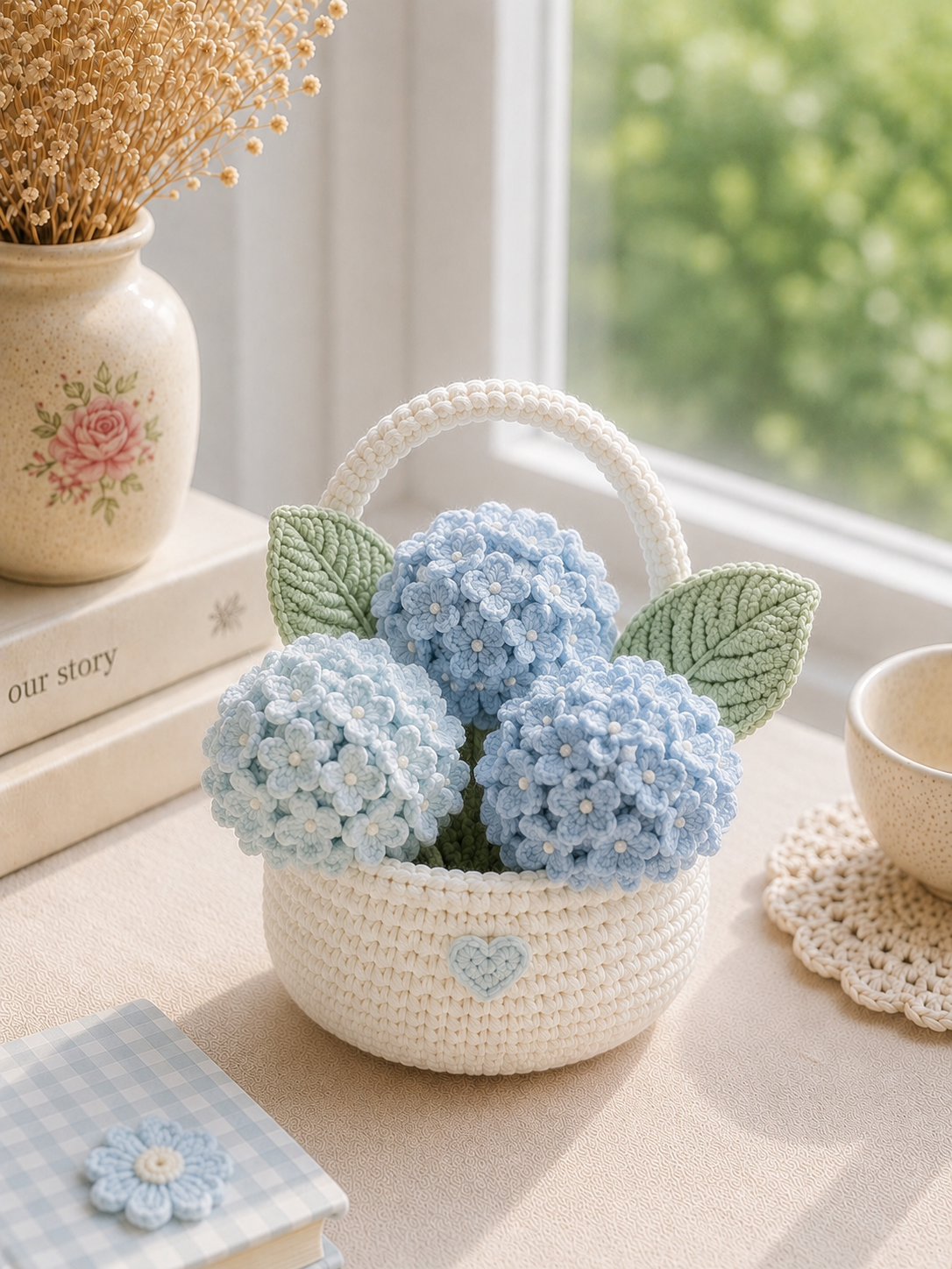 Handmade Crochet Hydrangea Flower Basket – Blue Hydrangea Floral Decor & Gift