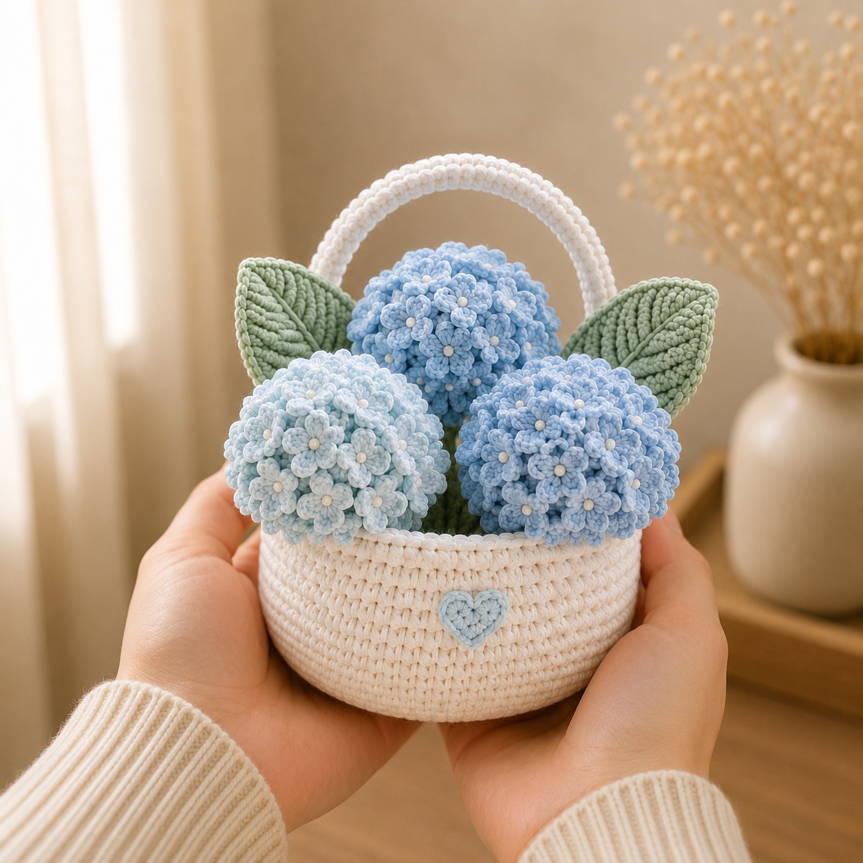 Handmade Crochet Hydrangea Flower Basket – Blue Hydrangea Floral Decor & Gift