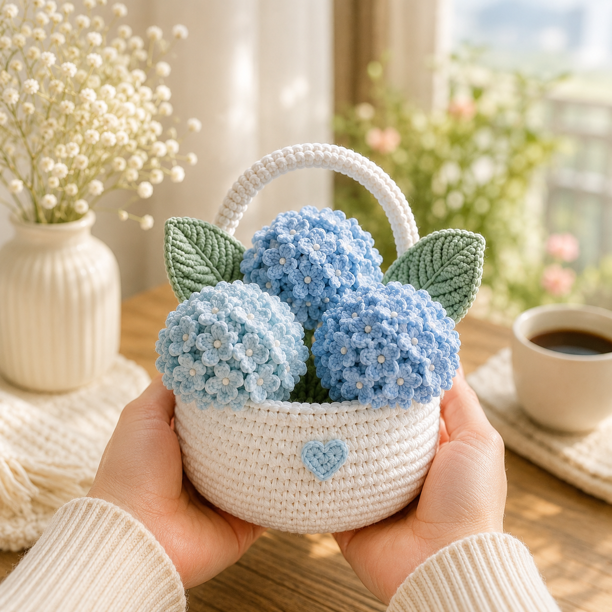 Handmade Crochet Hydrangea Flower Basket – Blue Hydrangea Floral Decor & Gift