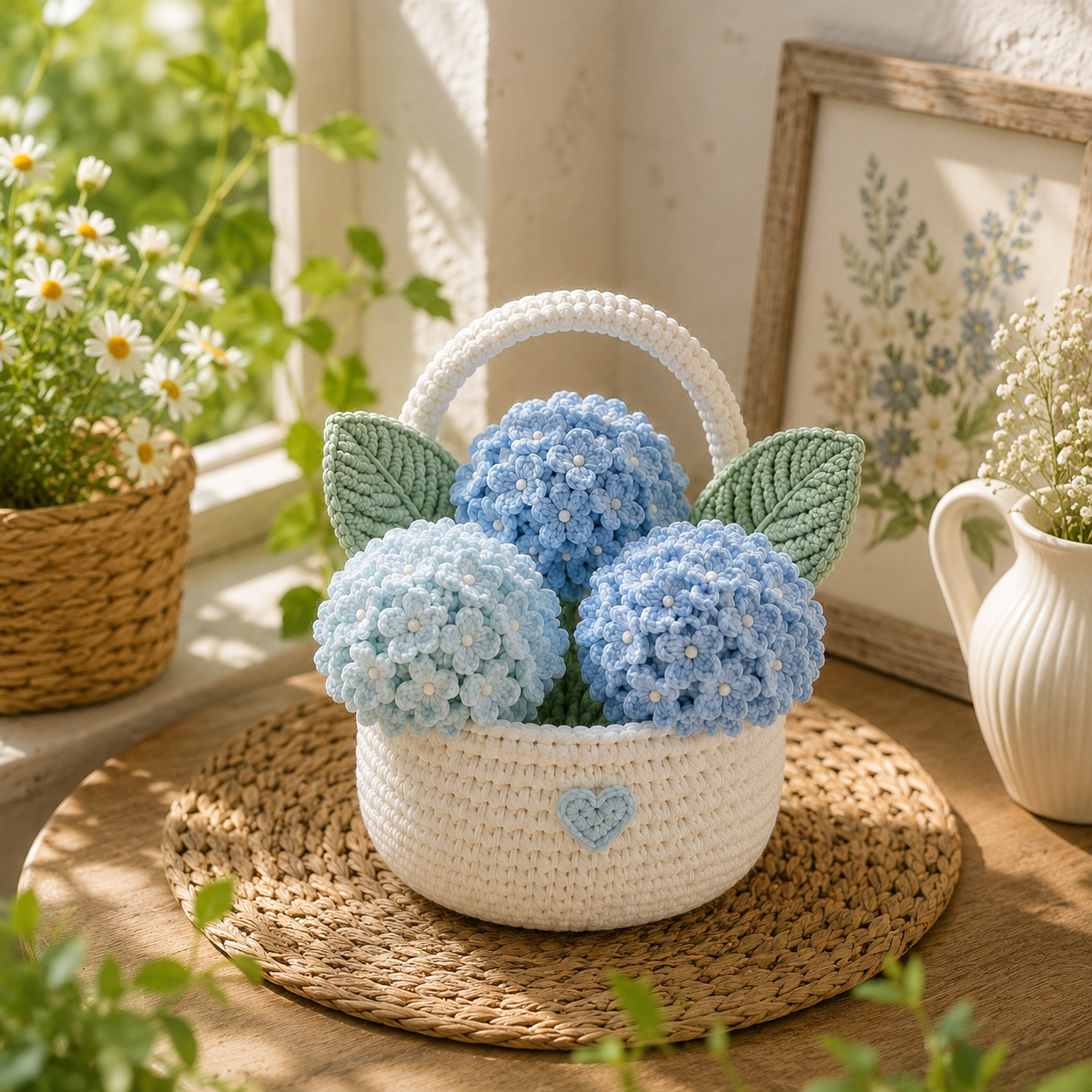 Handmade Crochet Hydrangea Flower Basket – Blue Hydrangea Floral Decor & Gift