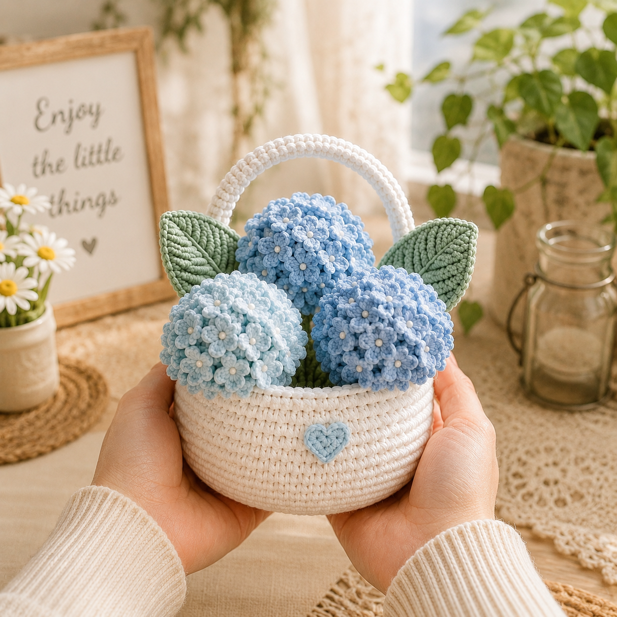 Handmade Crochet Hydrangea Flower Basket – Blue Hydrangea Floral Decor & Gift