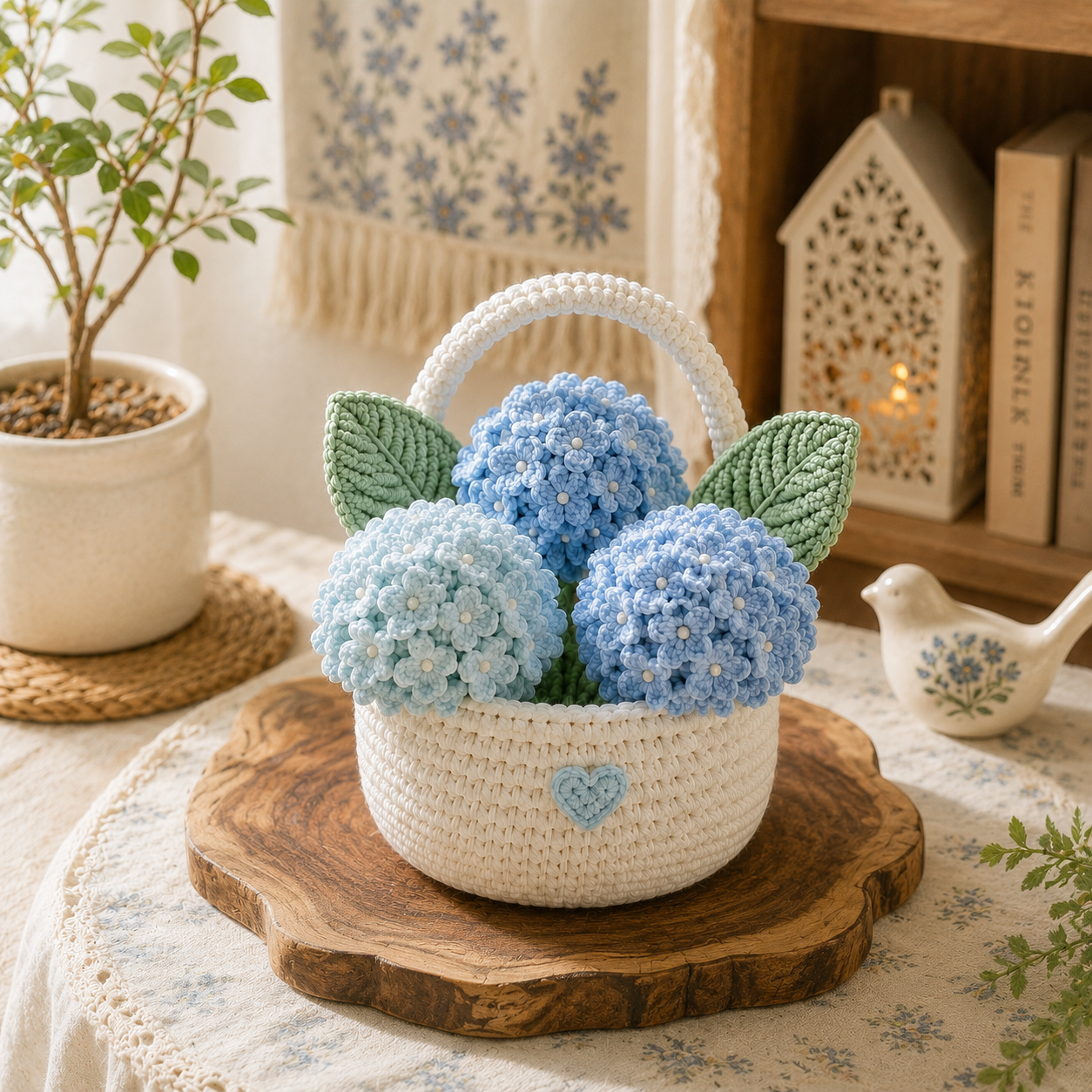 Handmade Crochet Hydrangea Flower Basket – Blue Hydrangea Floral Decor & Gift