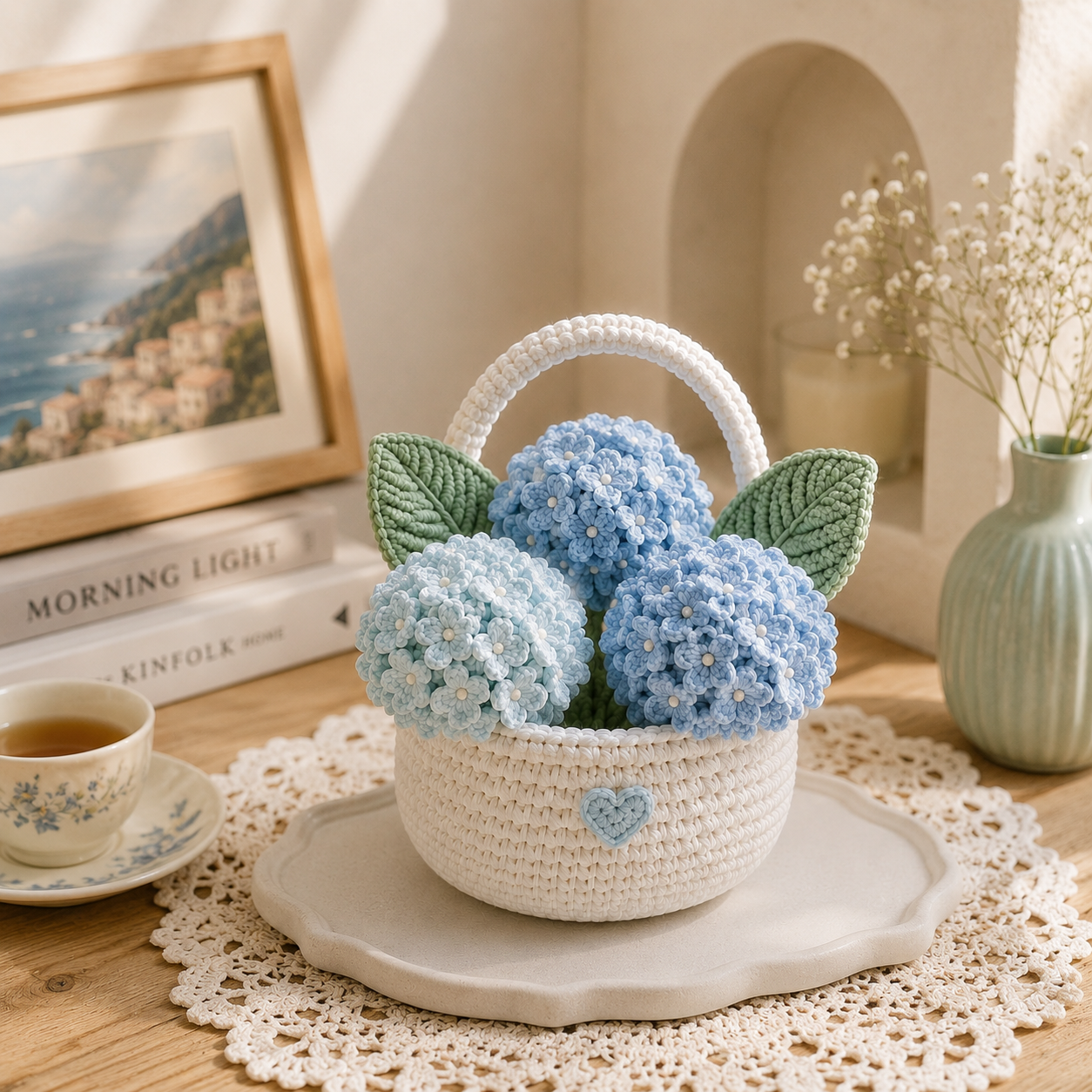 Handmade Crochet Hydrangea Flower Basket – Blue Hydrangea Floral Decor & Gift