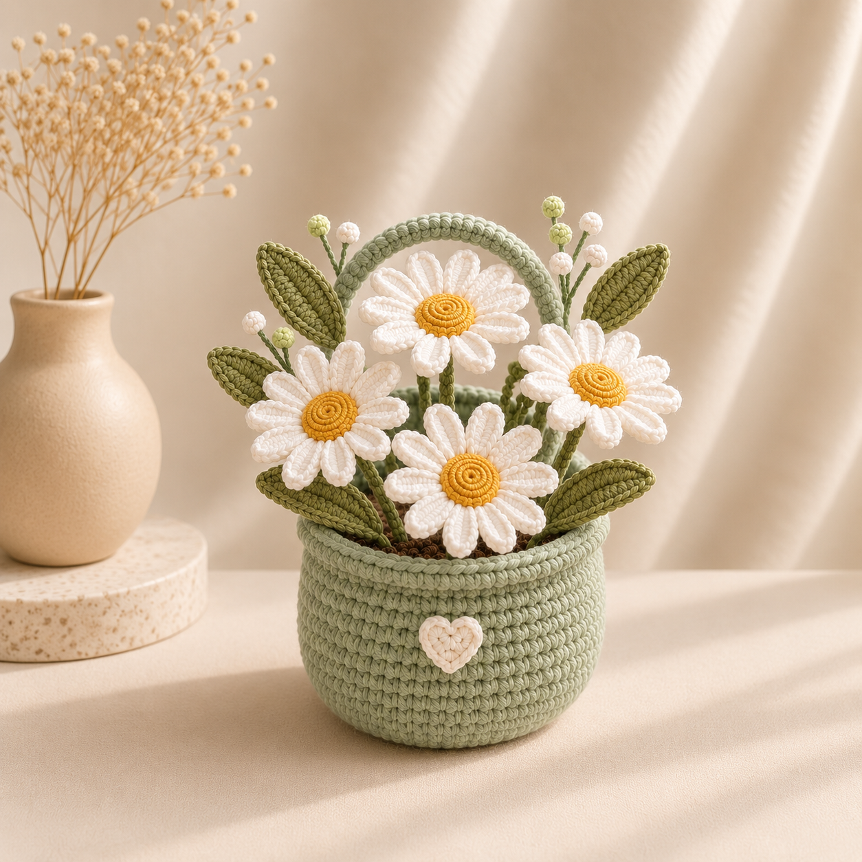 Handmade Crochet Daisy Flower Basket – Amigurumi Floral Basket Decor & Gift