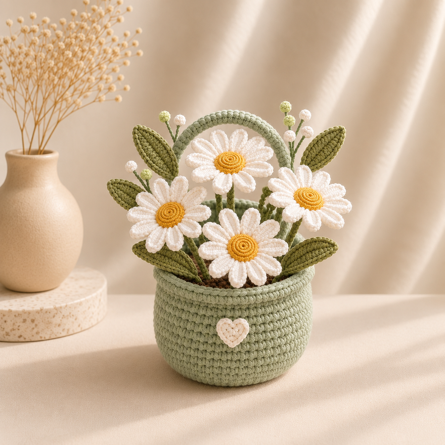 Handmade Crochet Daisy Flower Basket – Amigurumi Floral Basket Decor & Gift